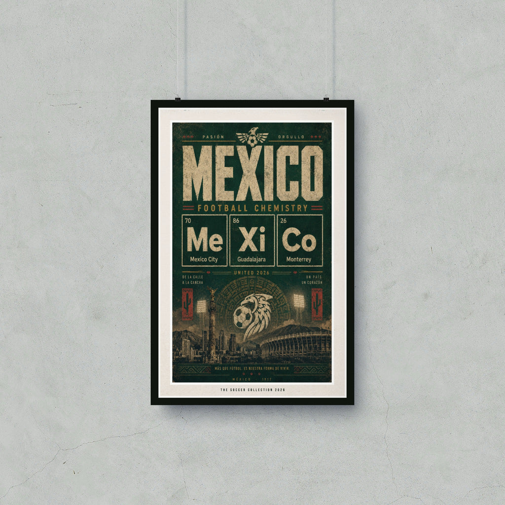Mexico Football Chemistry poster with city names and stadium.