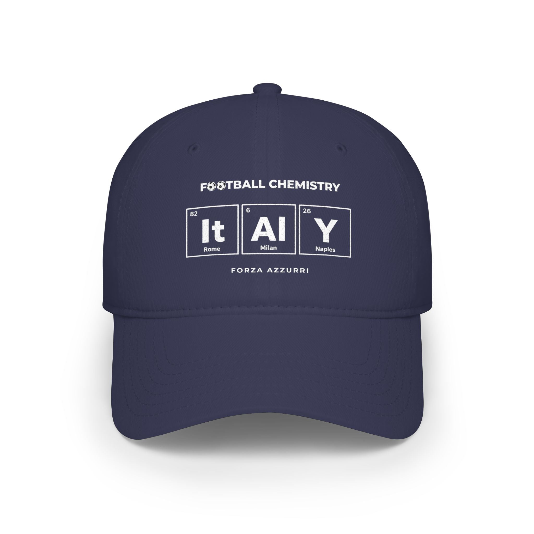 Navy baseball cap with "FOOTBALL CHEMISTRY ITALY" and periodic table elements.