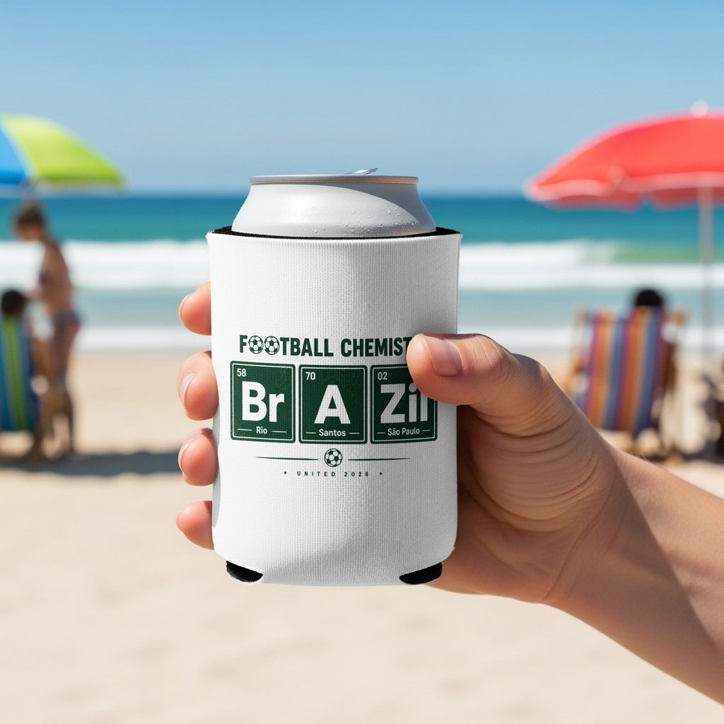 Can cooler with "Football Chemistry" design featuring periodic table elements for Rio and São Paulo.