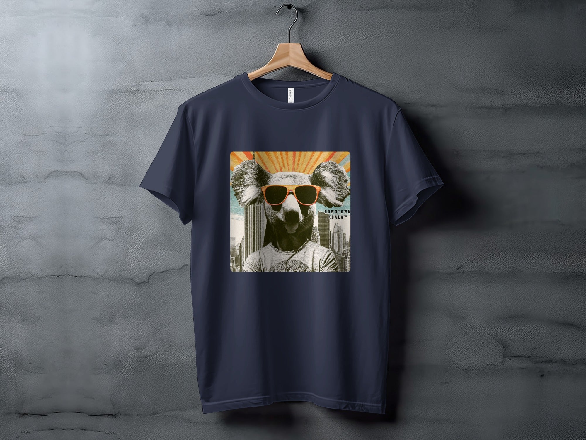 Navy t-shirt with graphic of a cool koala wearing sunglasses.