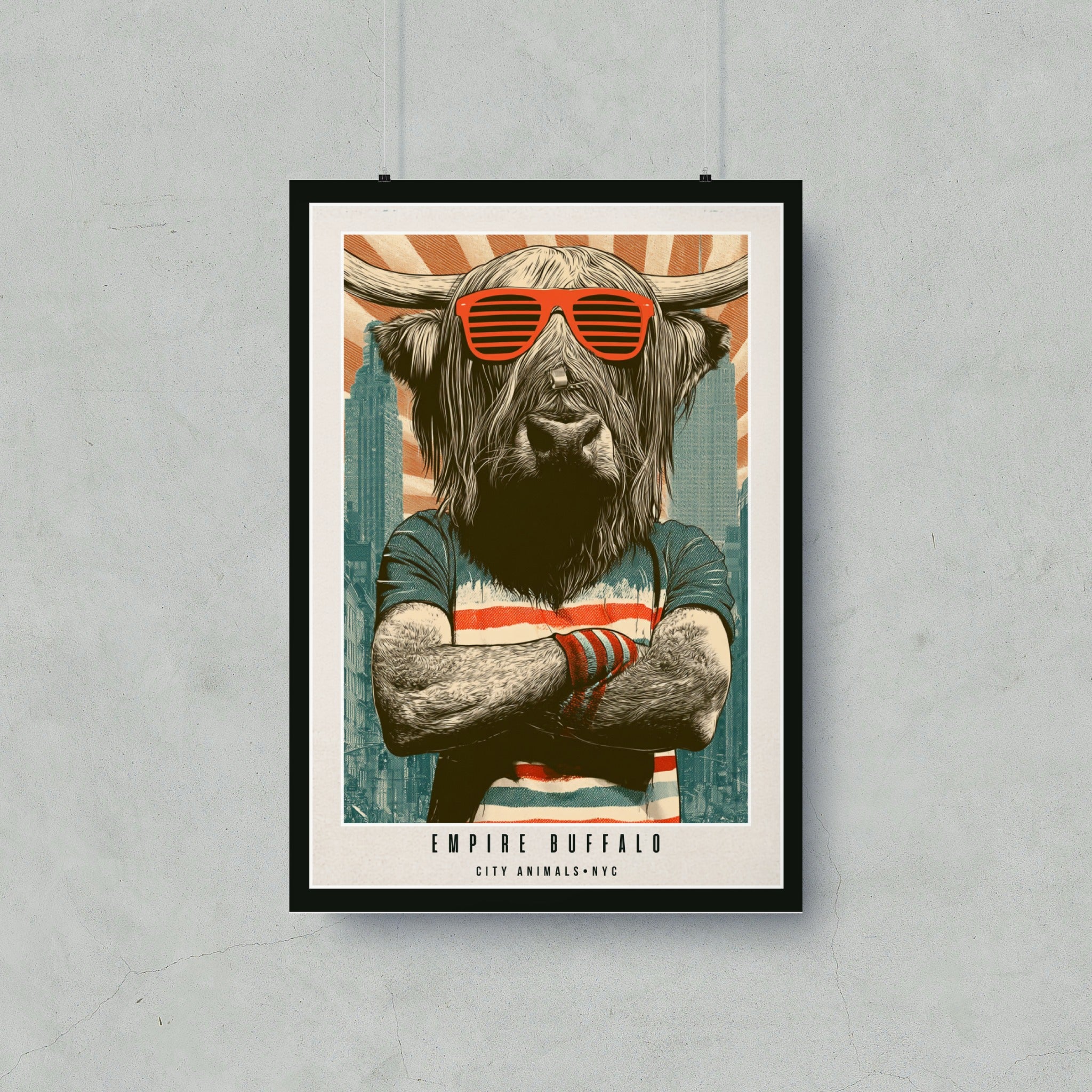 Buffalo wearing sunglasses and striped shirt, "Empire Buffalo City Animals NYC" text.