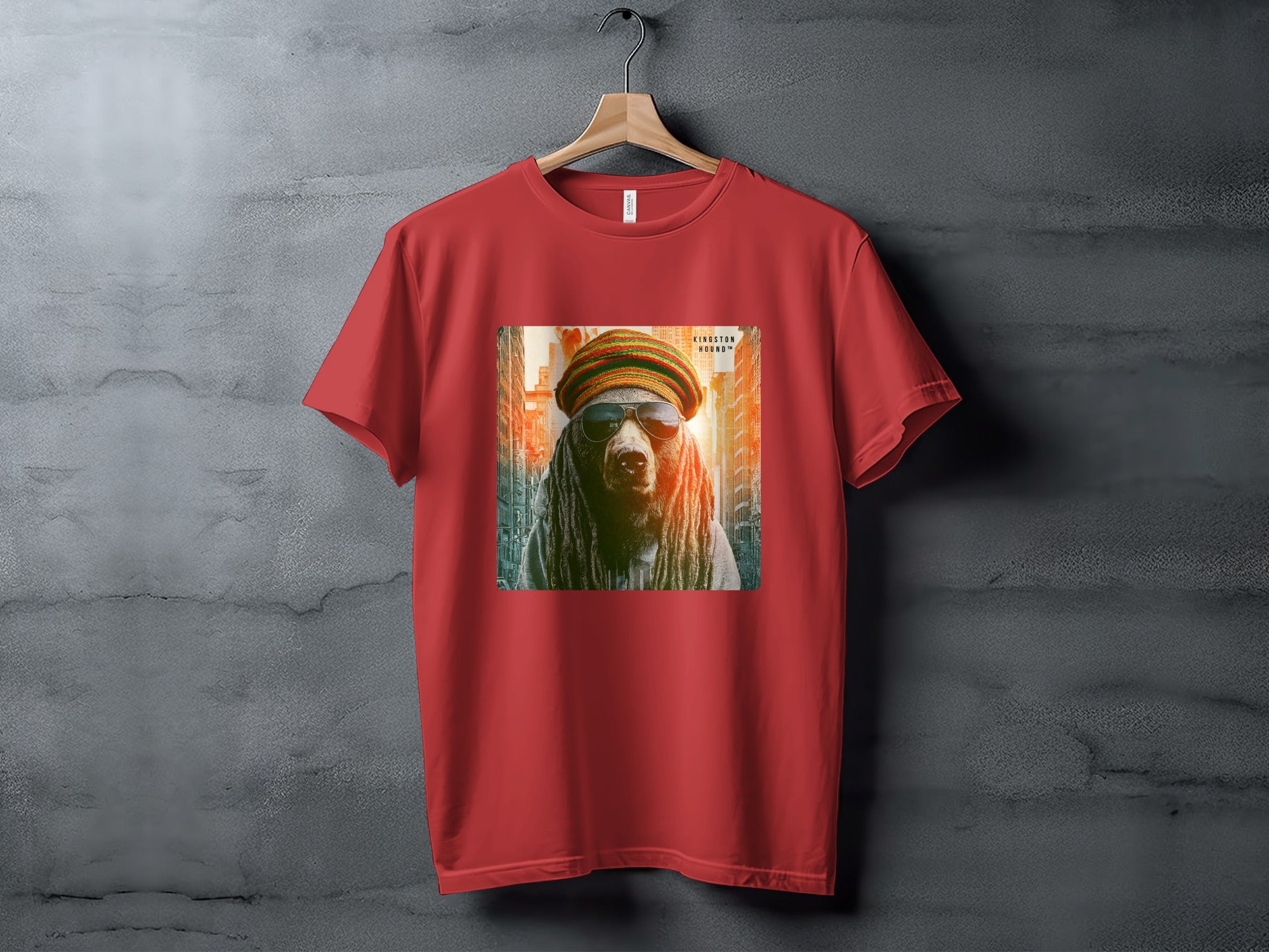 Red t-shirt with a portrait of a dog wearing sunglasses and a beanie.