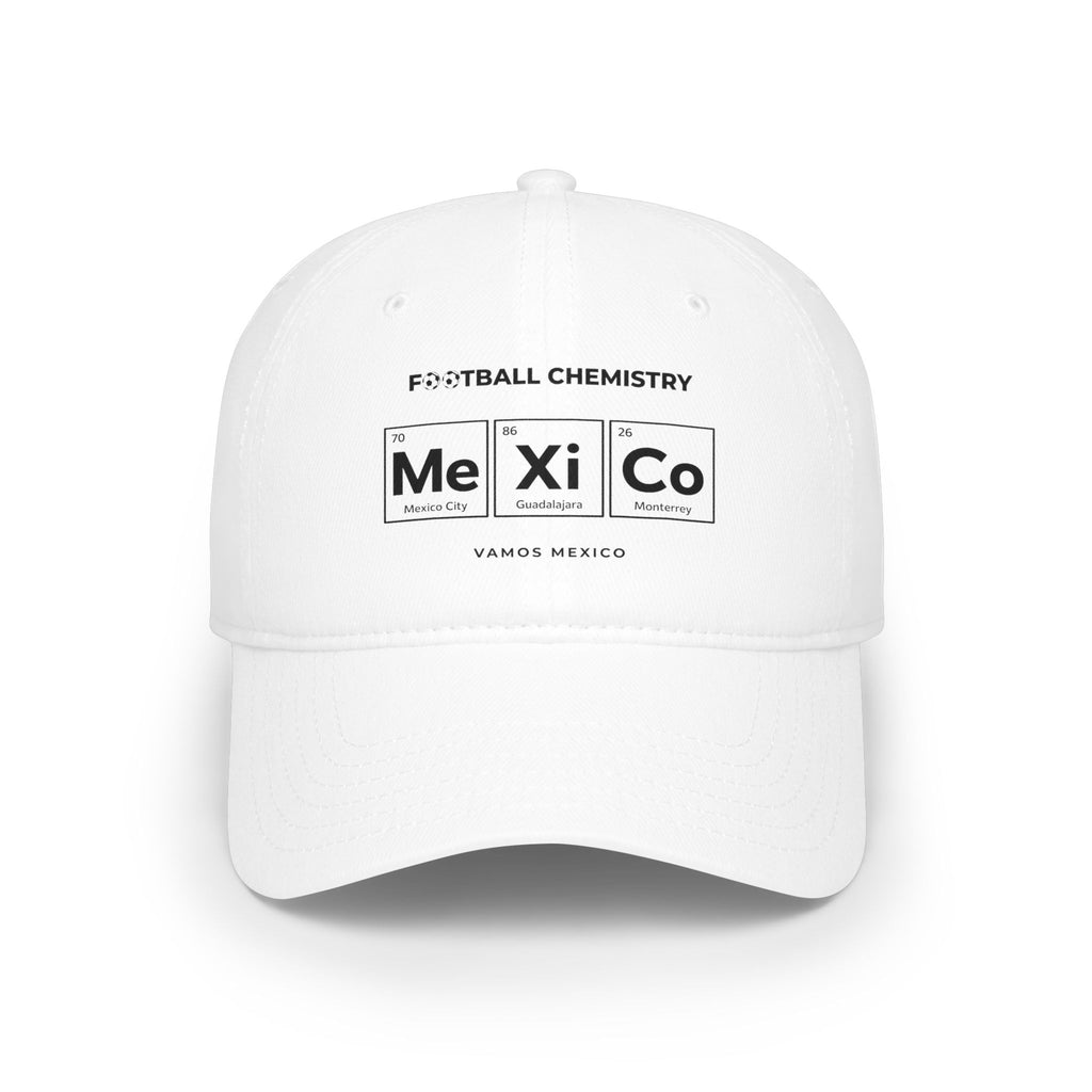 White baseball cap with "Football Chemistry" and periodic table style elements: 86, Me, 26, Co.