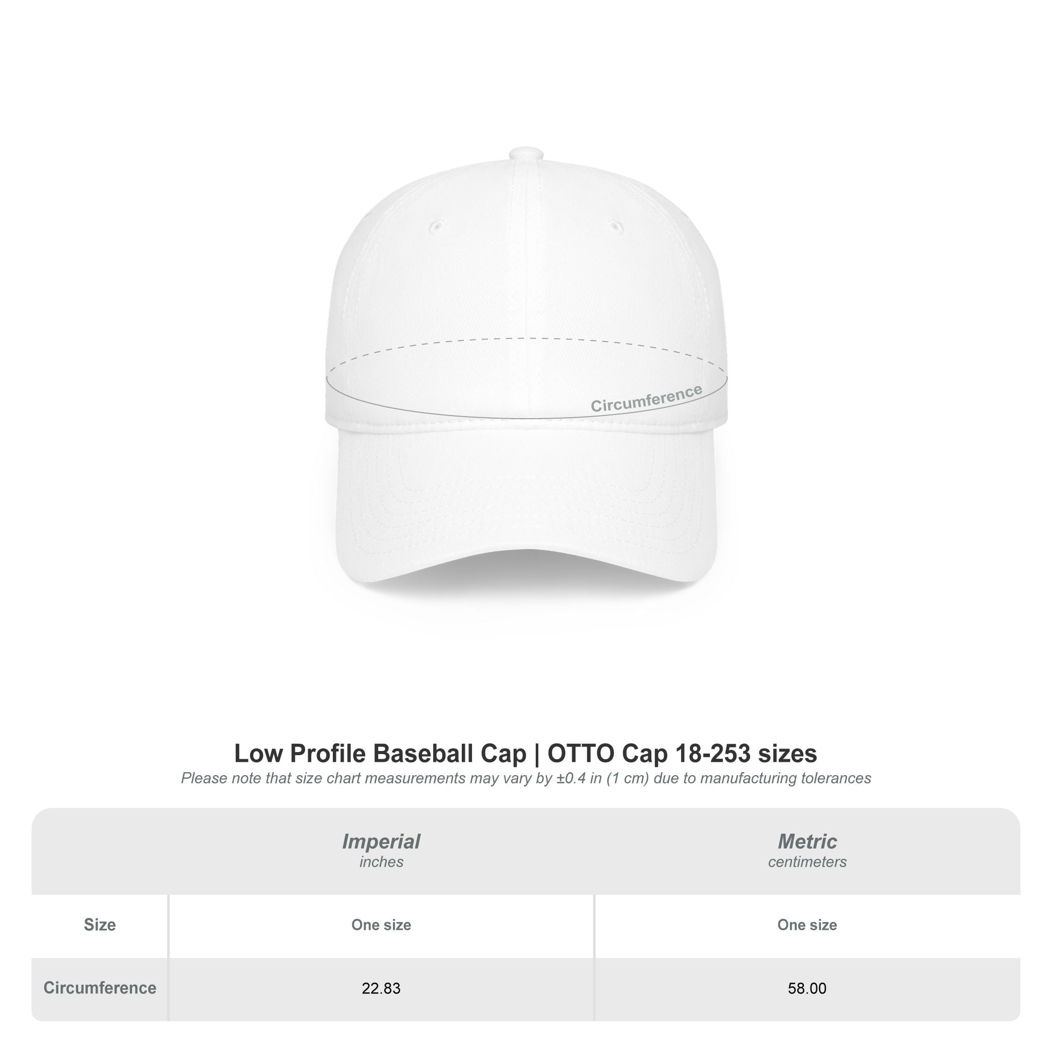Low profile baseball cap, OTTO Cap 18-253, size chart with circumference in inches and centimeters.