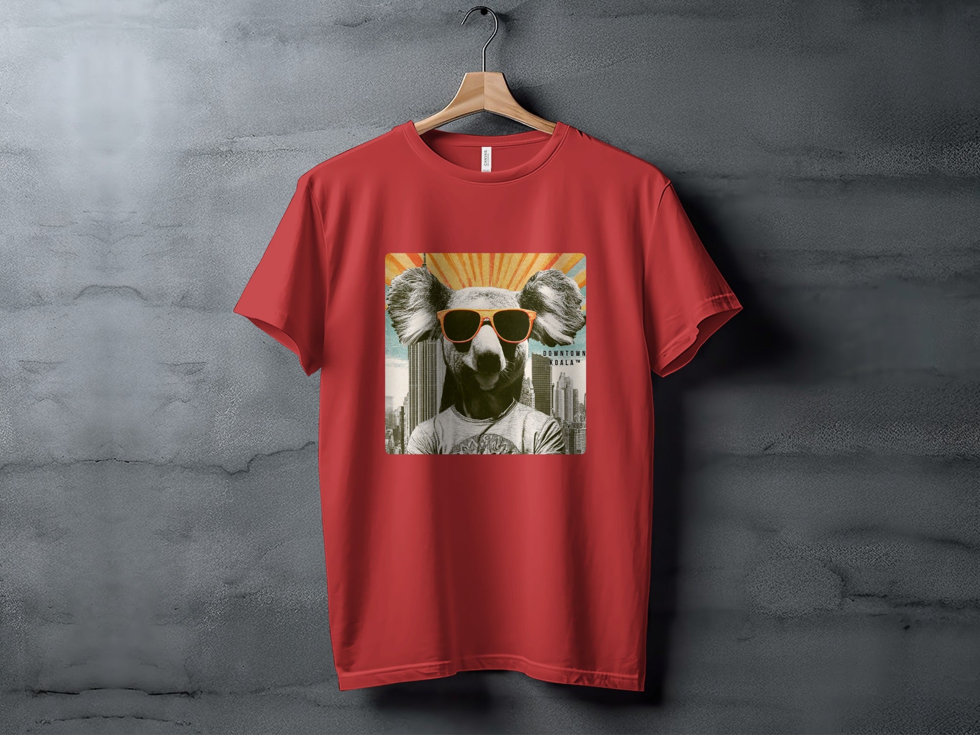 Red t-shirt with a graphic of a cool koala wearing sunglasses and a tie.