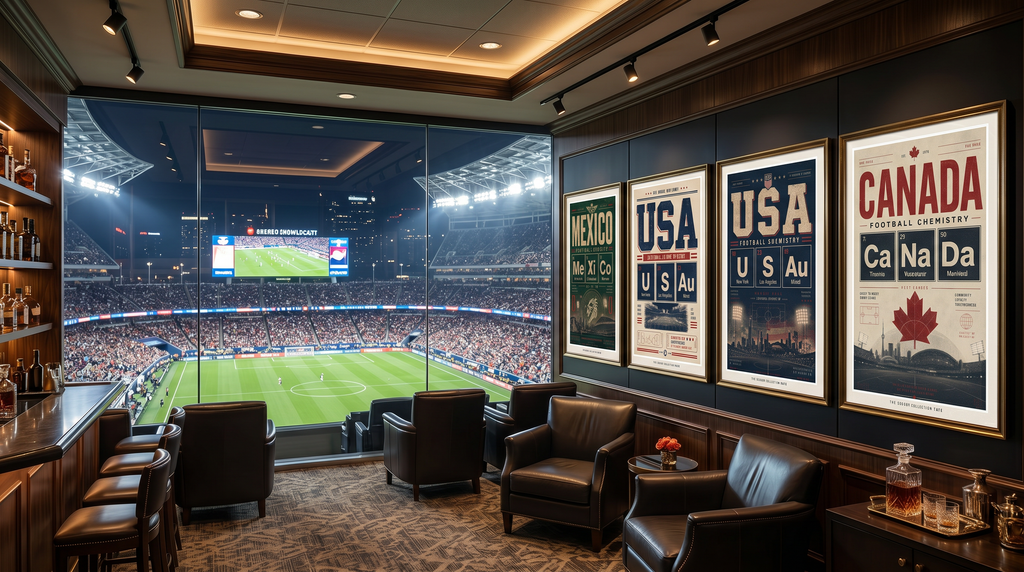 Four framed posters of sports chemistry and flags hang above chairs overlooking a stadium.