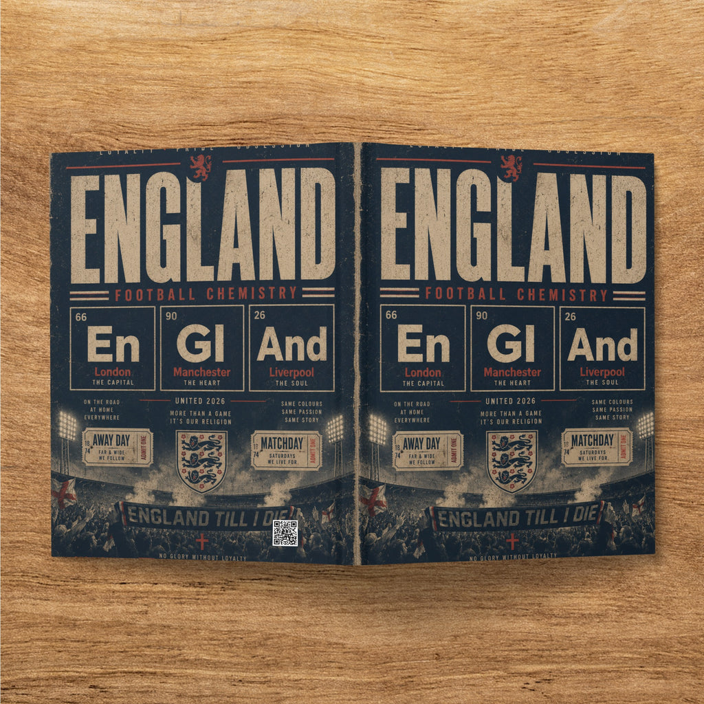 England football chemistry ticket design with London, Manchester, Liverpool details.