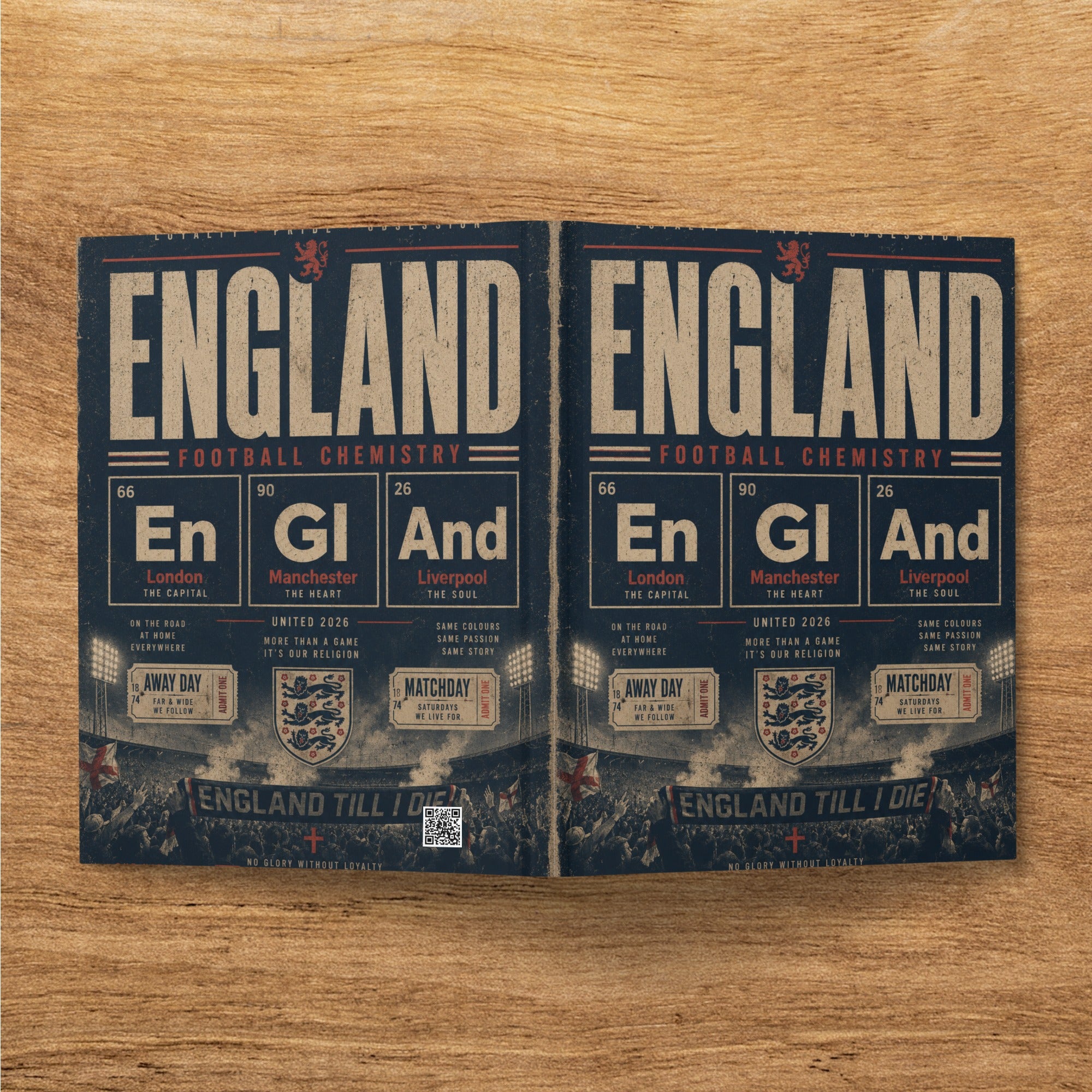 England football chemistry ticket design with London, Manchester, Liverpool details.