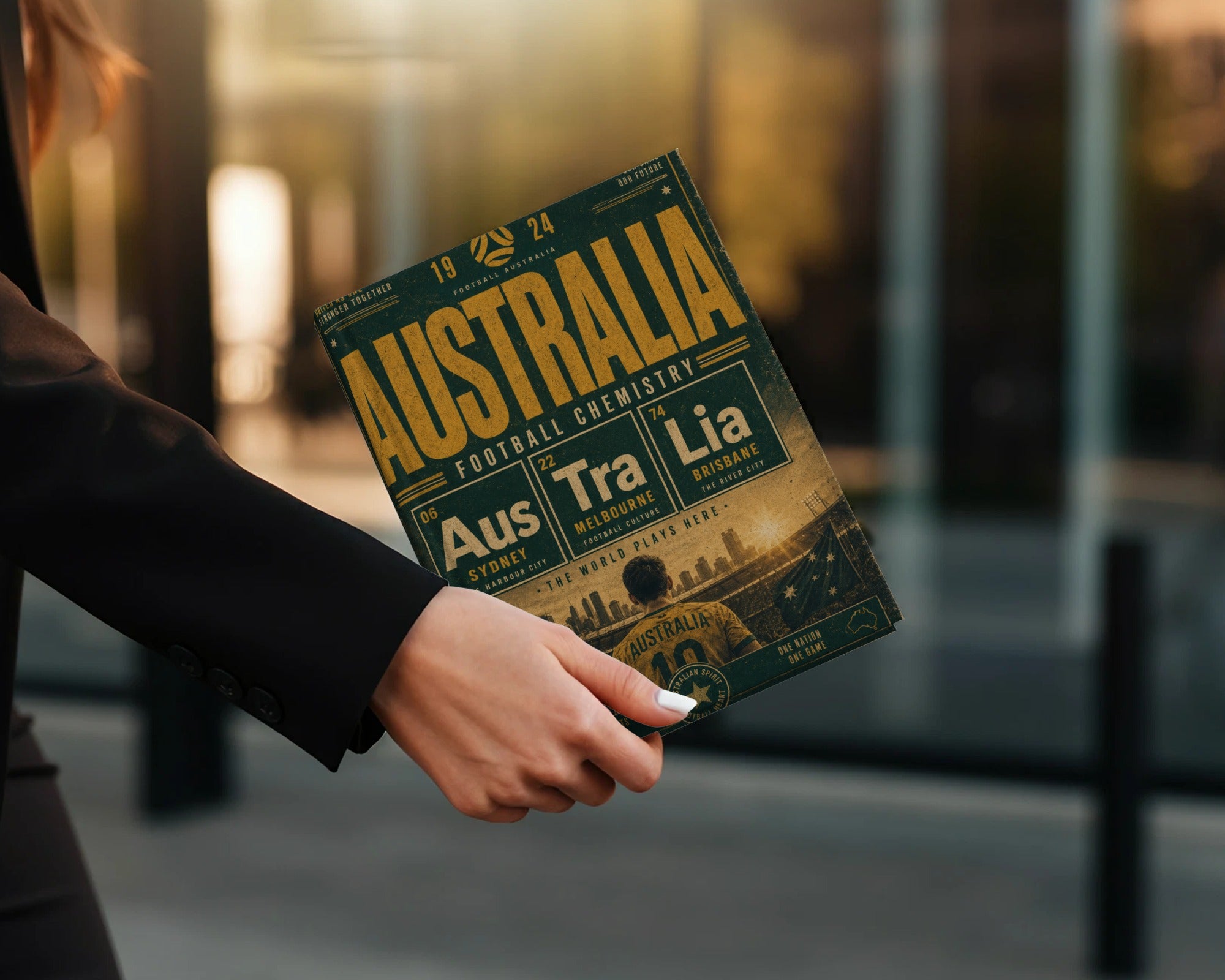 Australia Football Chemistry magazine cover featuring cities and football text.
