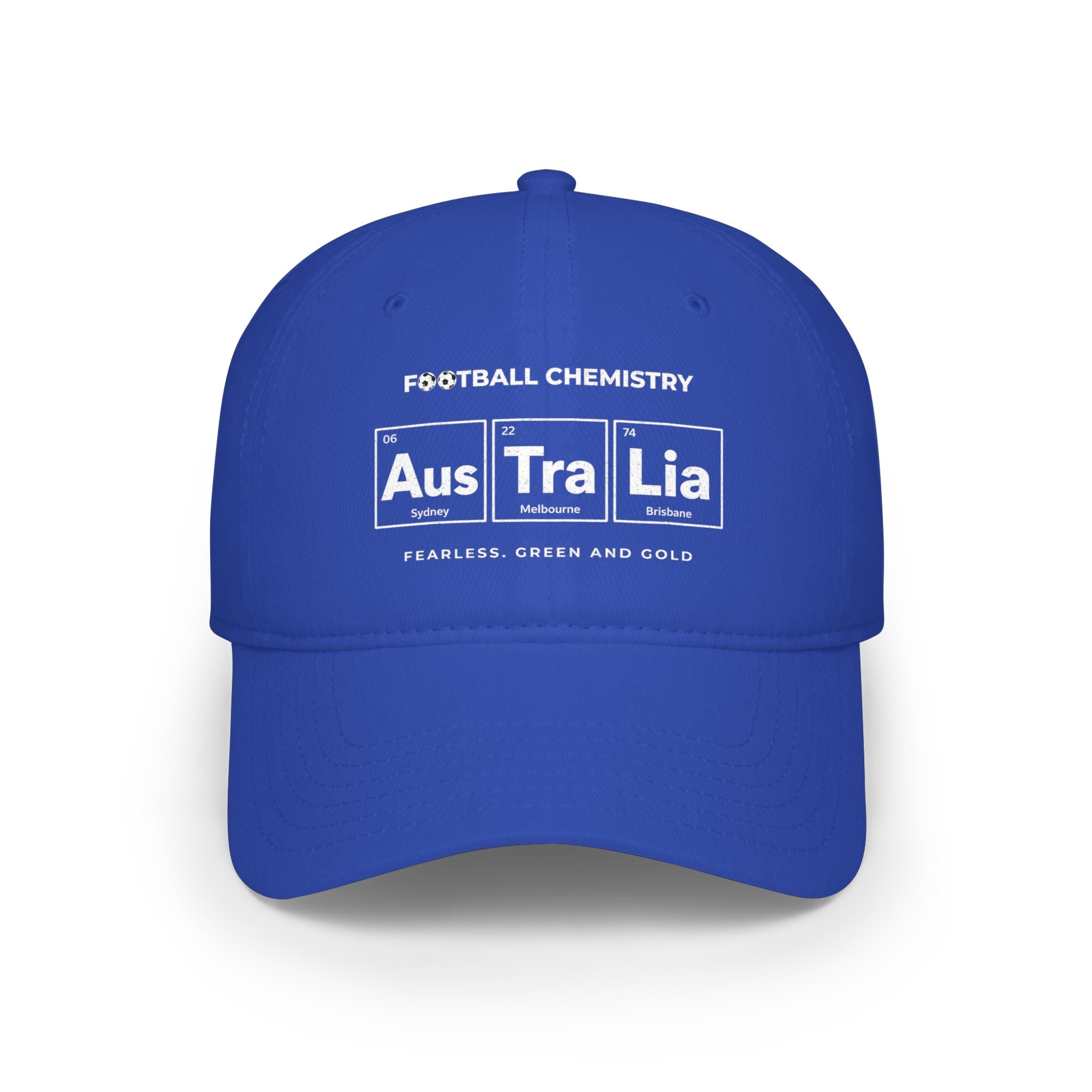 Royal blue baseball cap with "Football Chemistry" and "Aus Tra Lia" periodic table design.