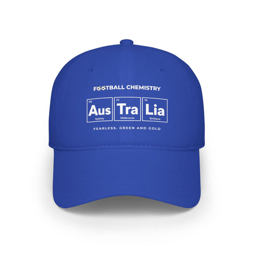 Royal blue baseball cap with "Football Chemistry" and "Aus Tra Lia" periodic table design.
