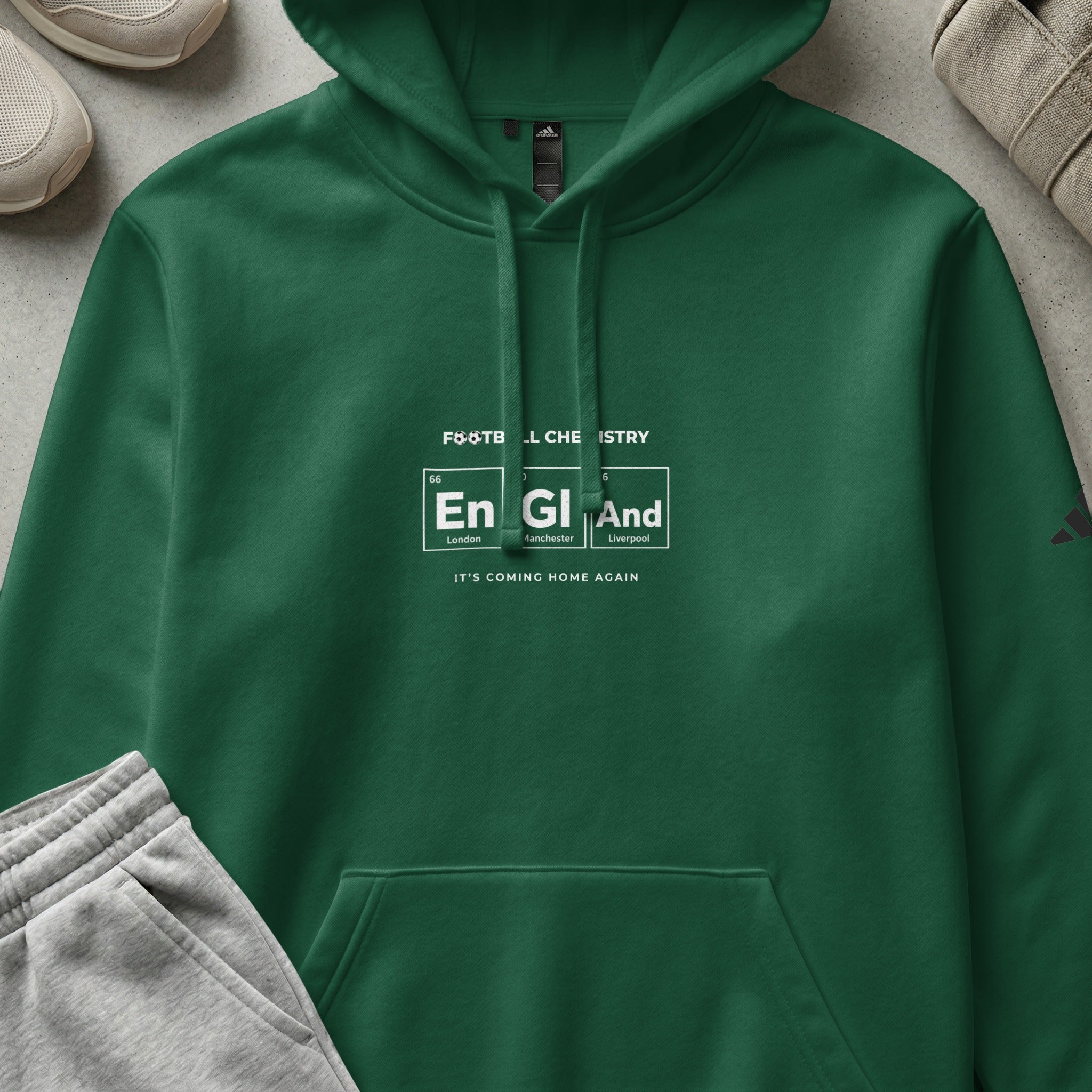 Green hoodie with "FOOTBL CHEMISTRY" and "England" periodic table design.