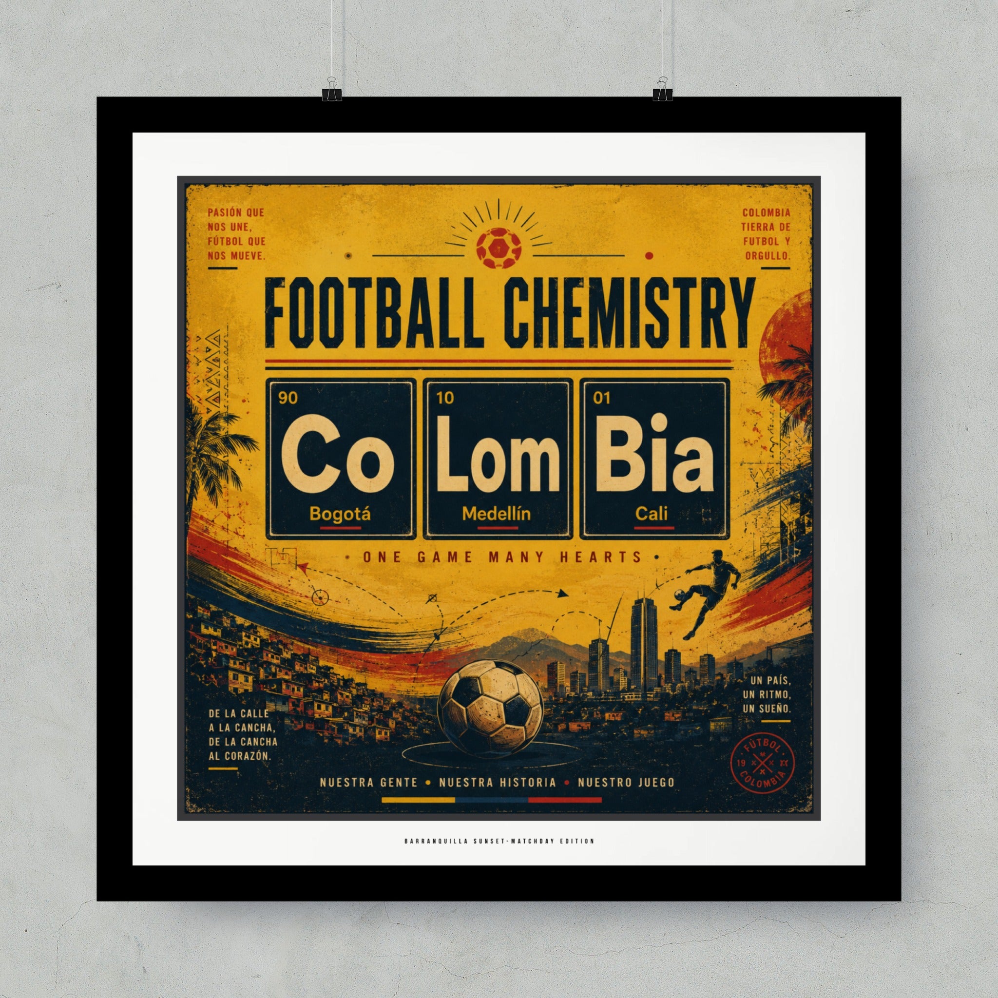 Poster for "Football Chemistry" with Colombian cities and soccer imagery.