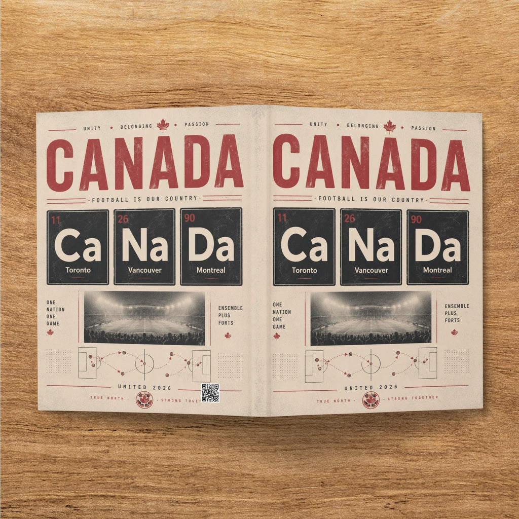 Canada map graphic with "Canada" text, soccer imagery, and city names.