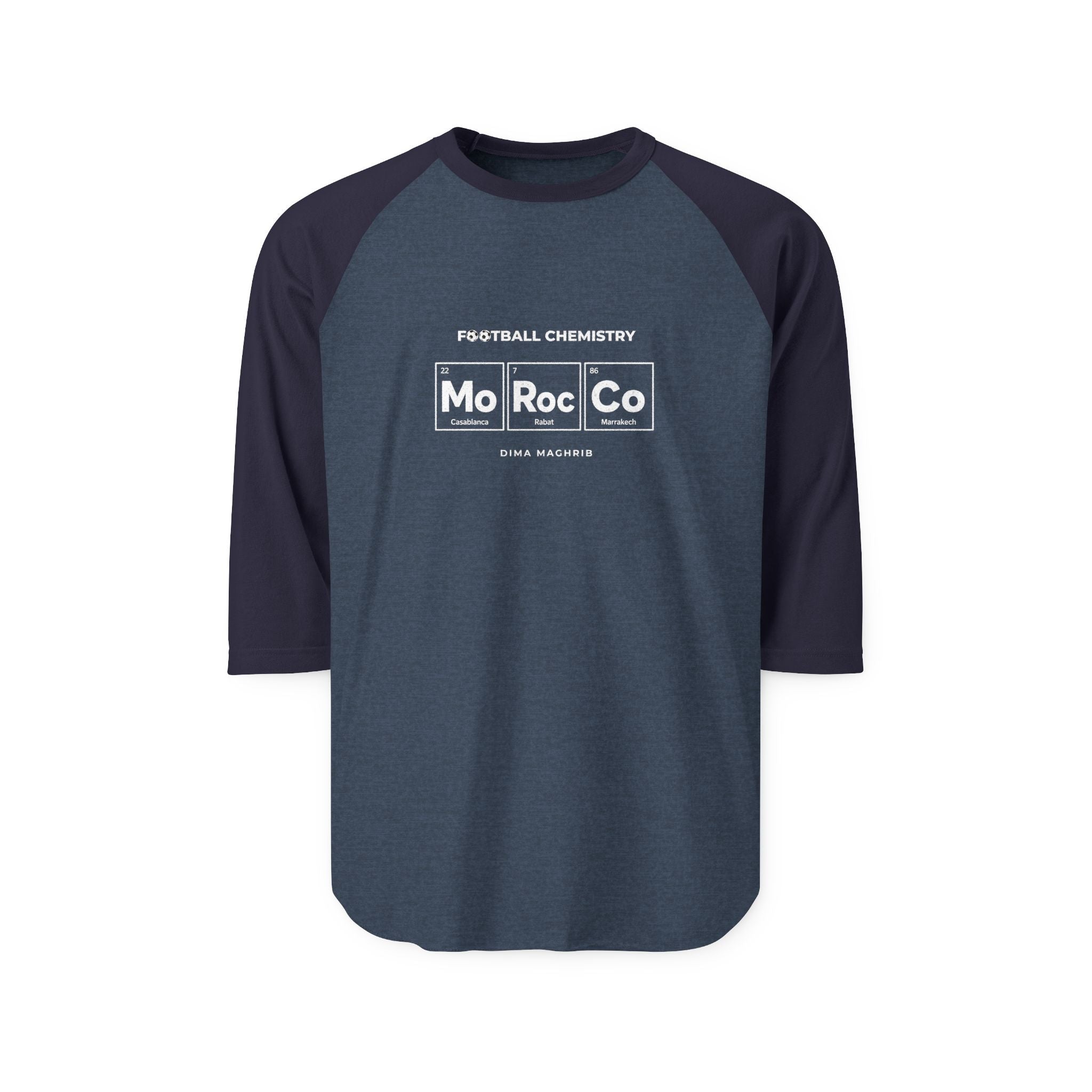 Baseball tee with "FOOTBALL CHEMISTRY Mo Roc Co" text in periodic table style.
