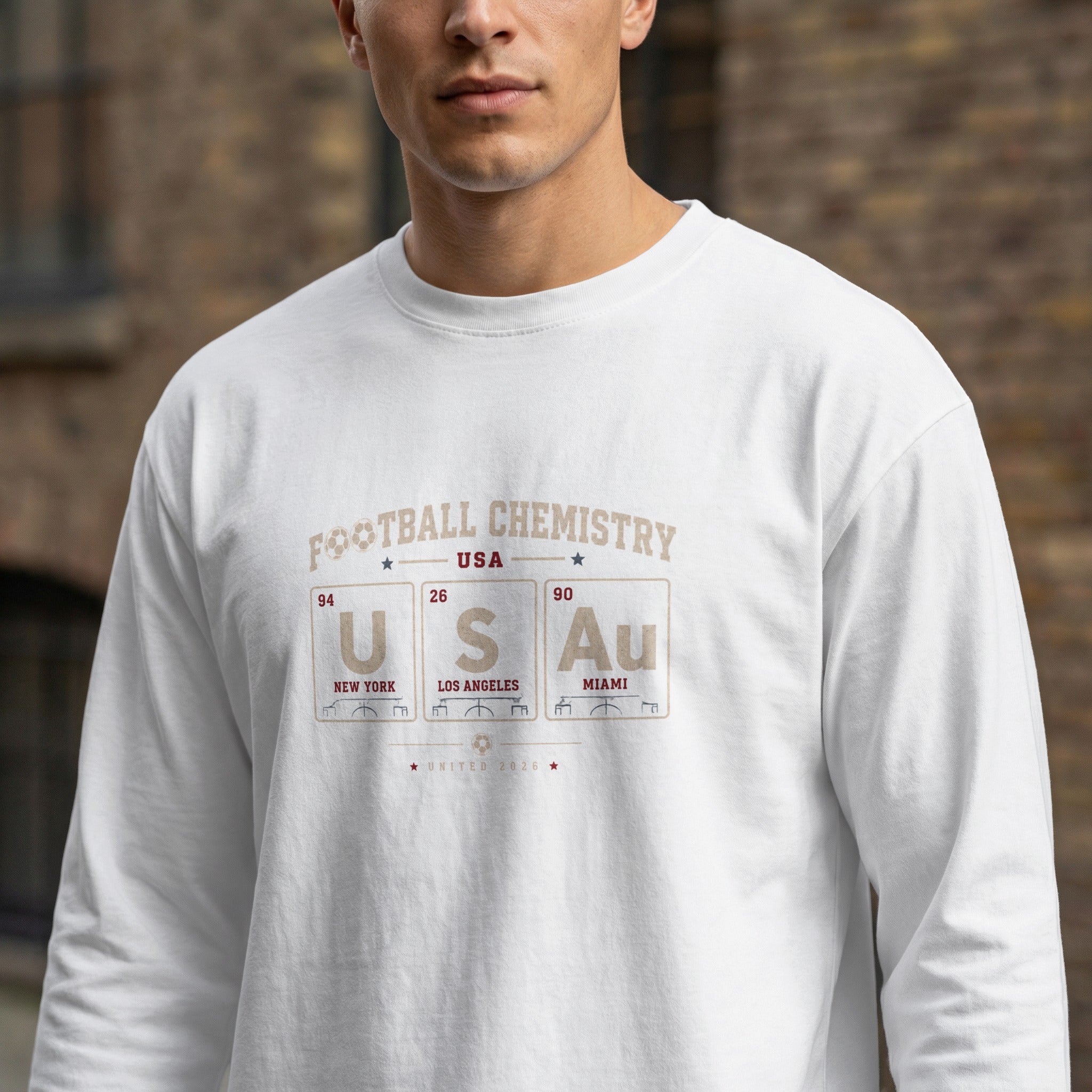 Men's long-sleeve t-shirt with "Football Chemistry USA" and periodic table elements.