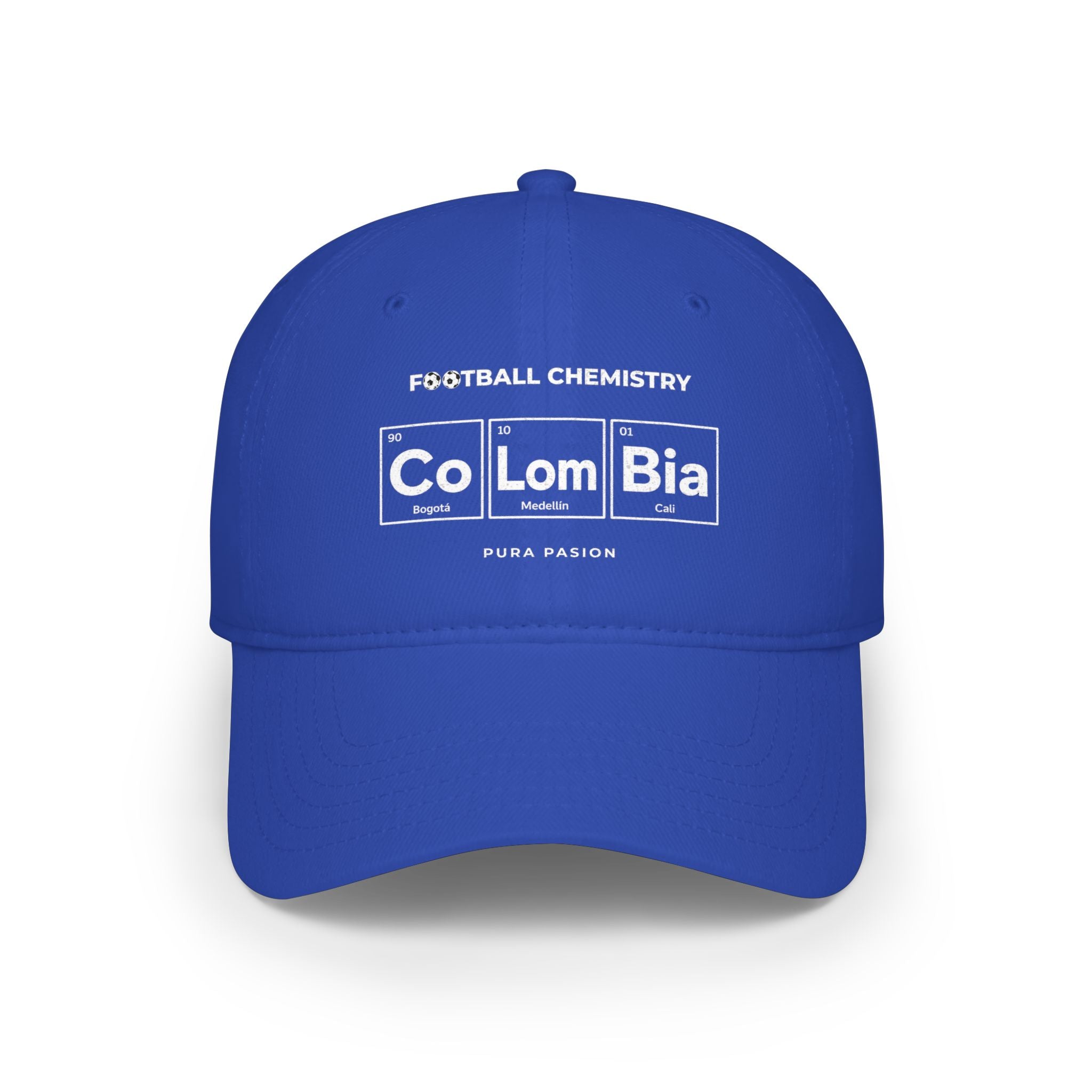 Blue baseball cap with "Football Chemistry" and "Colombia" in periodic table style.