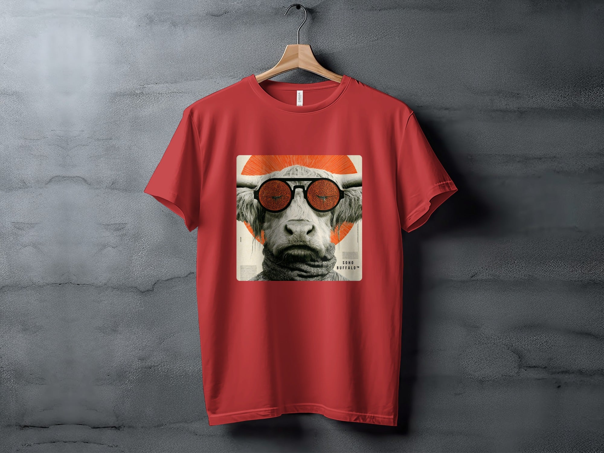 Red t-shirt with a distressed graphic of a bull wearing sunglasses.
