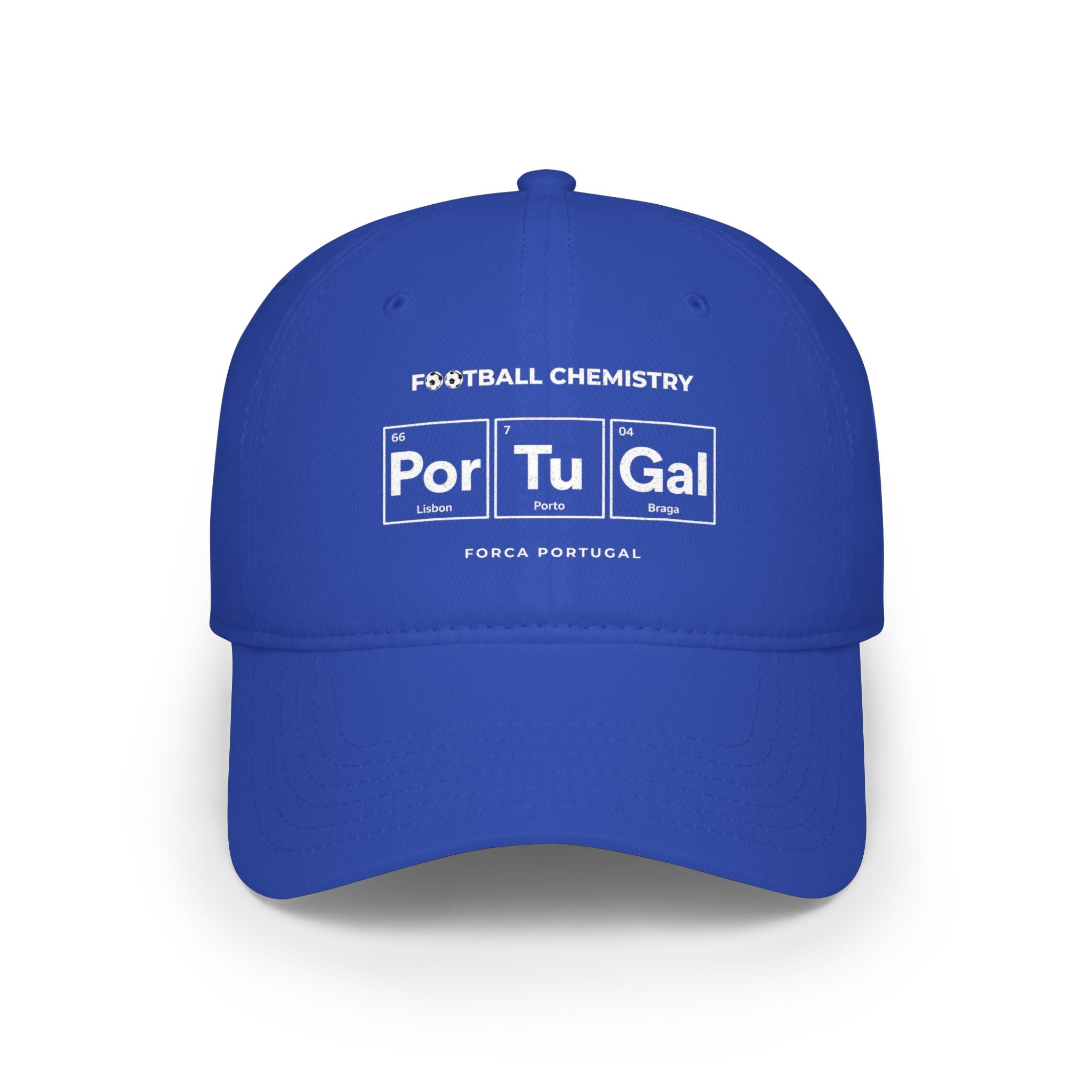 Blue baseball cap with "FOOTBALL CHEMISTRY" and periodic table elements "Por Tu Gal".