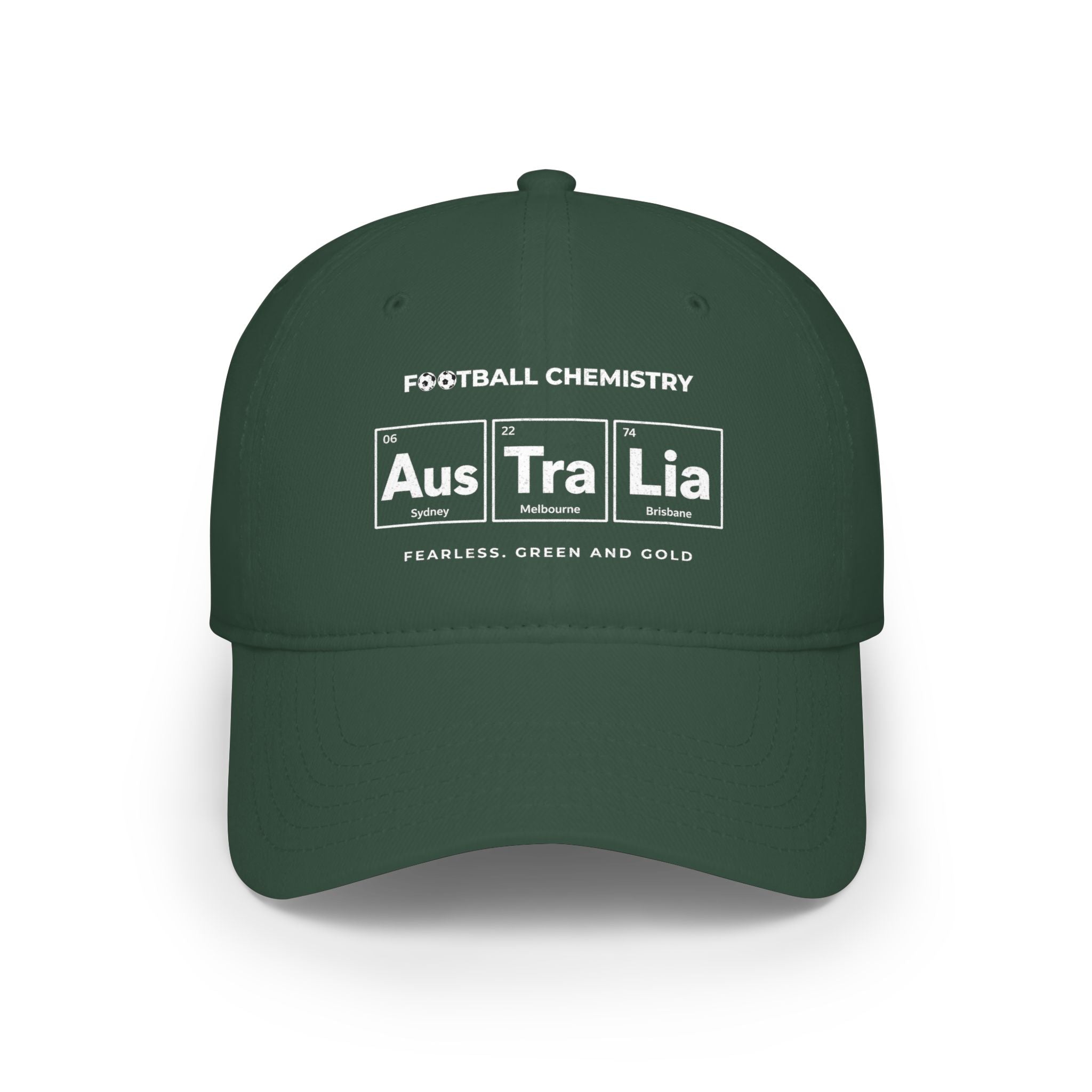 Green baseball cap with "Football Chemistry" and "Australia" in periodic table style.