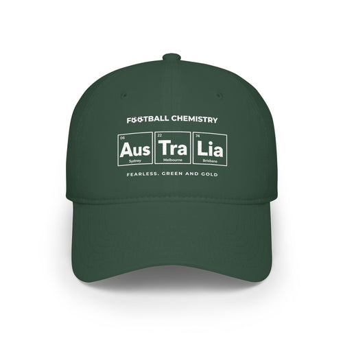 Green baseball cap with "Football Chemistry" and "Australia" in periodic table style.