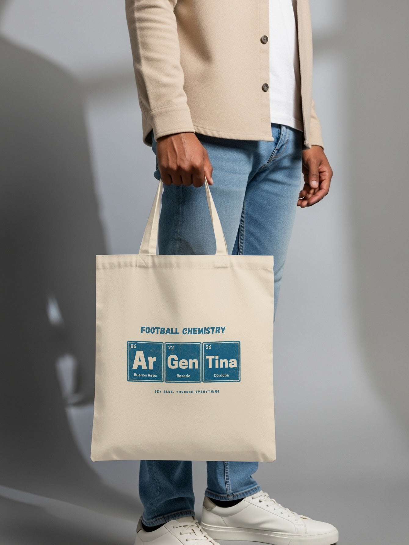 Cream tote bag with "FOOTBALL CHEMISTRY" and elements Ar Gen Tina, Buenos Aires, Rosario, Córdoba.