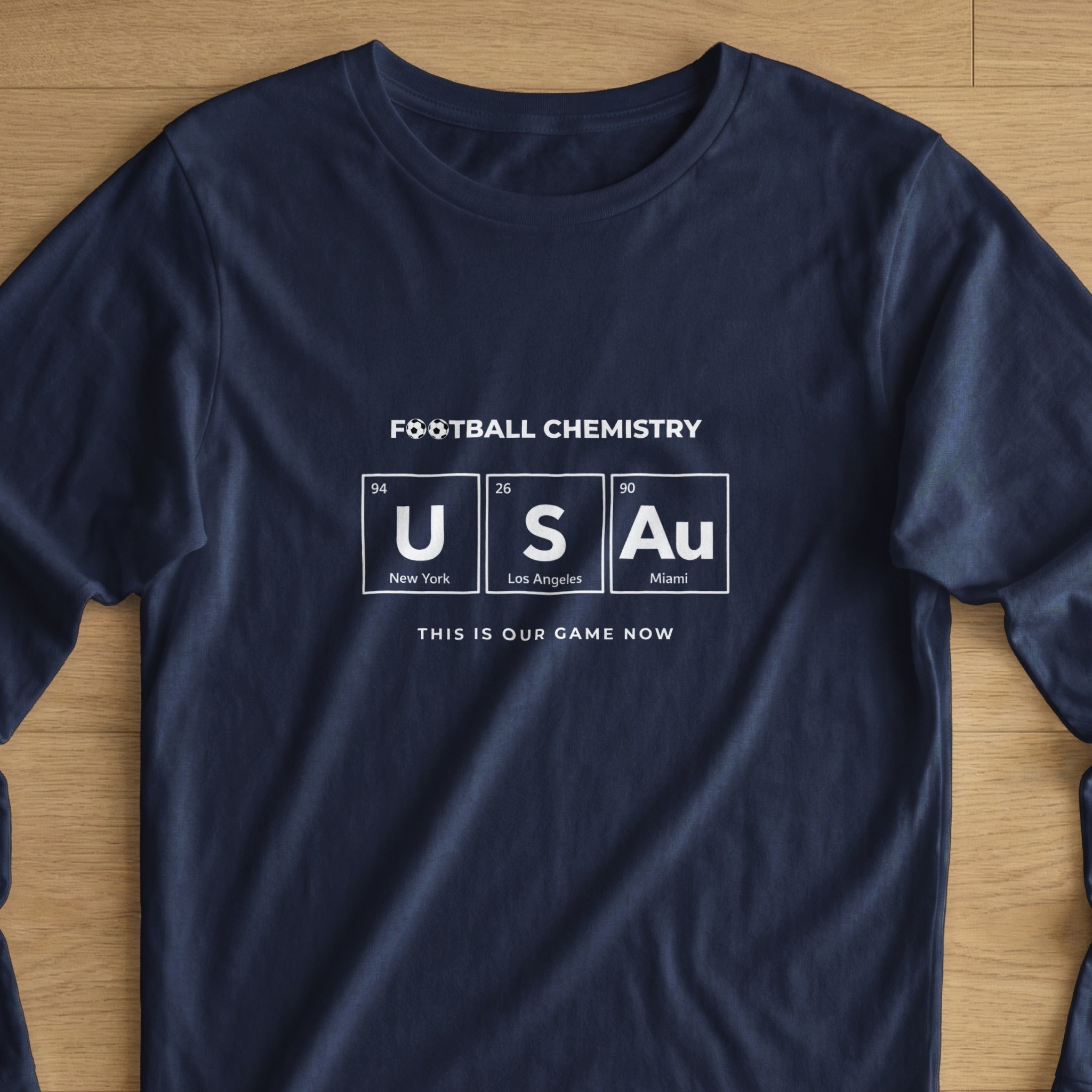 Navy t-shirt with "Football Chemistry" and "USAu" element symbols.