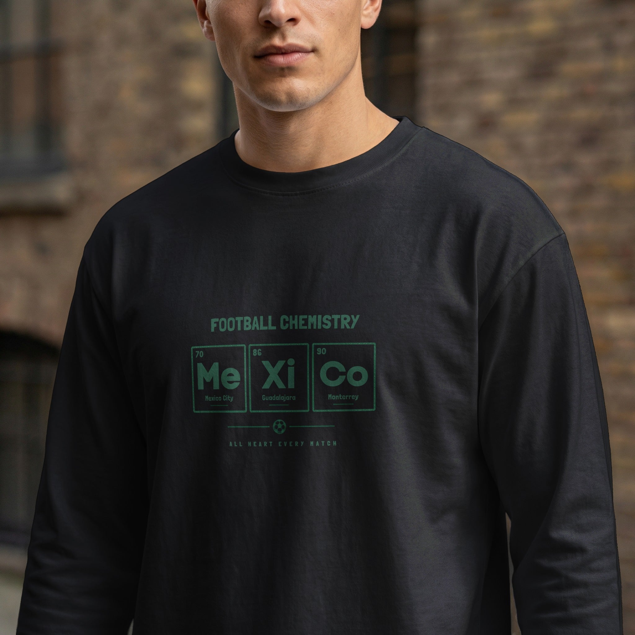 Black long-sleeve shirt with "FOOTBALL CHEMISTRY Me Xi Co" design.