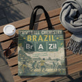Tote bag featuring "Football Chemistry Brazil" design with chemical symbols BrA and Zil.