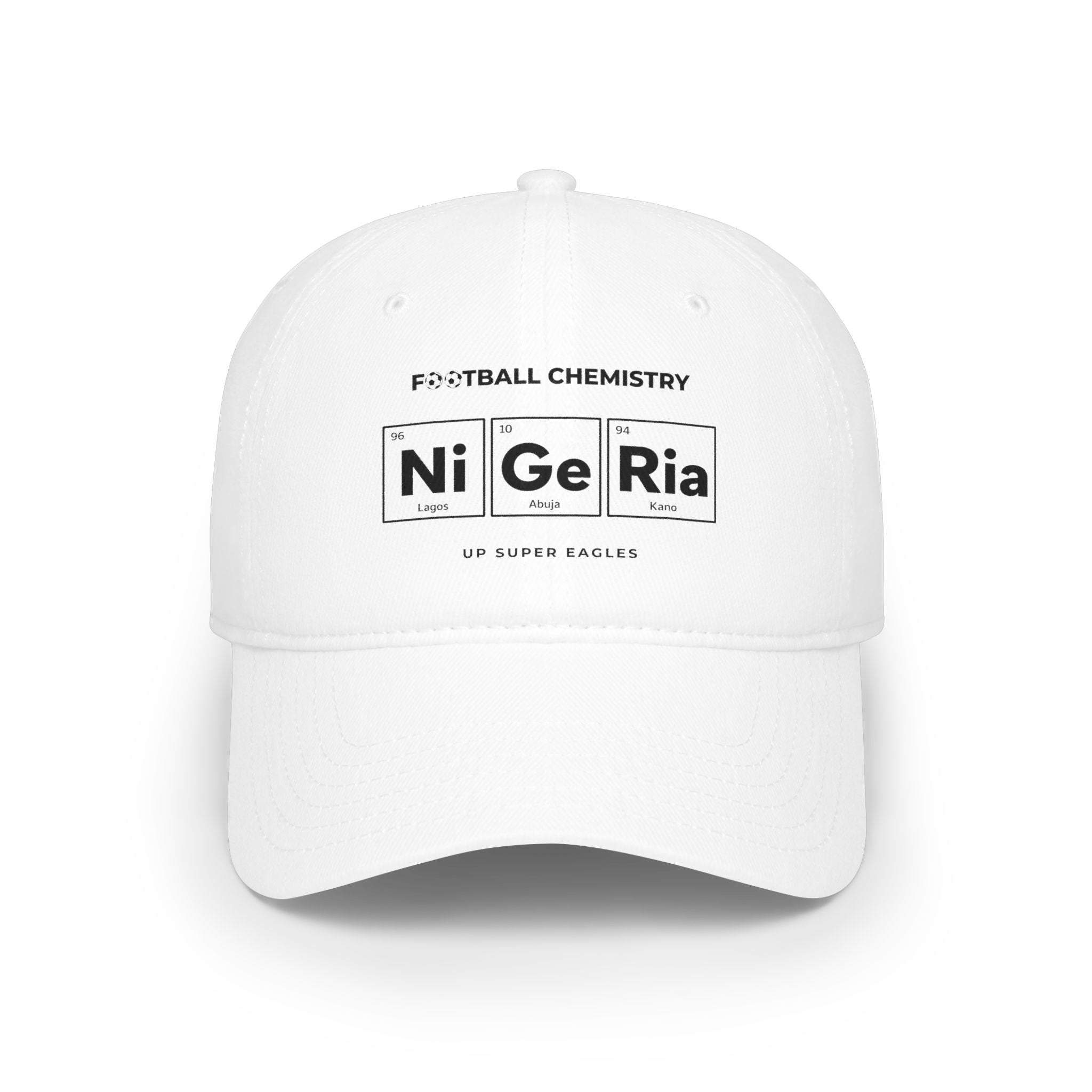 White baseball cap with "Football Chemistry" and periodic table element graphics.