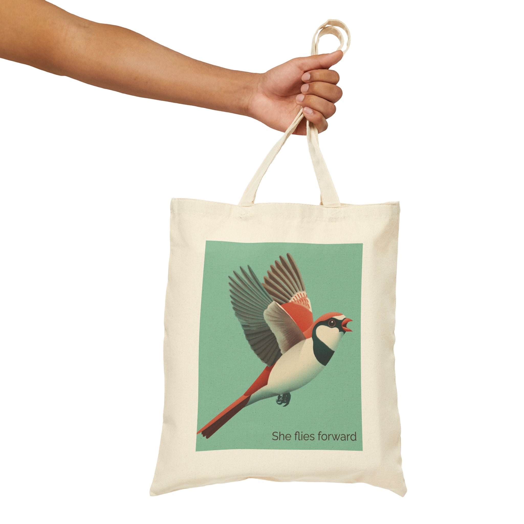 She Flies Forward Cotton Tote Bag | Motivational Graphic Green Minimal