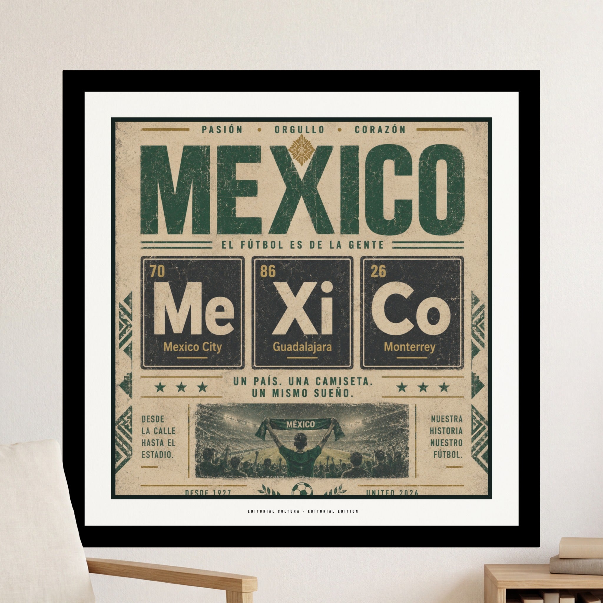 Periodic table design with "MEXICO" and city names, celebrating football.