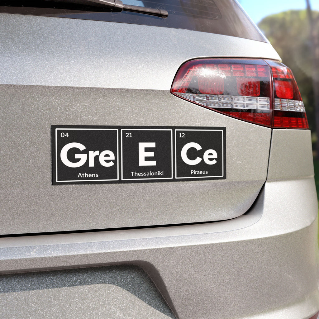 Car bumper sticker with periodic table elements for Greece, Athens, Thessaloniki, Piraeus.