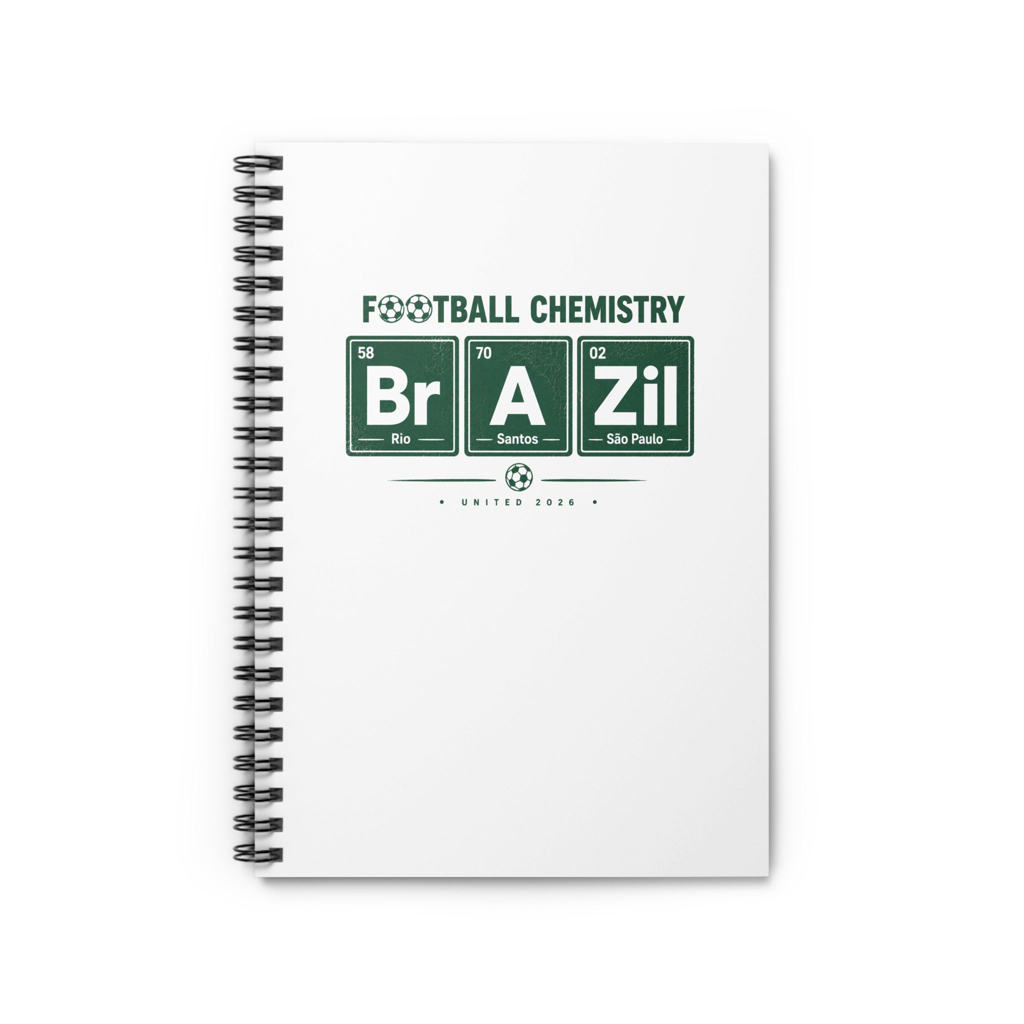 Notebook with "Football Chemistry Brazil" in periodic table style.