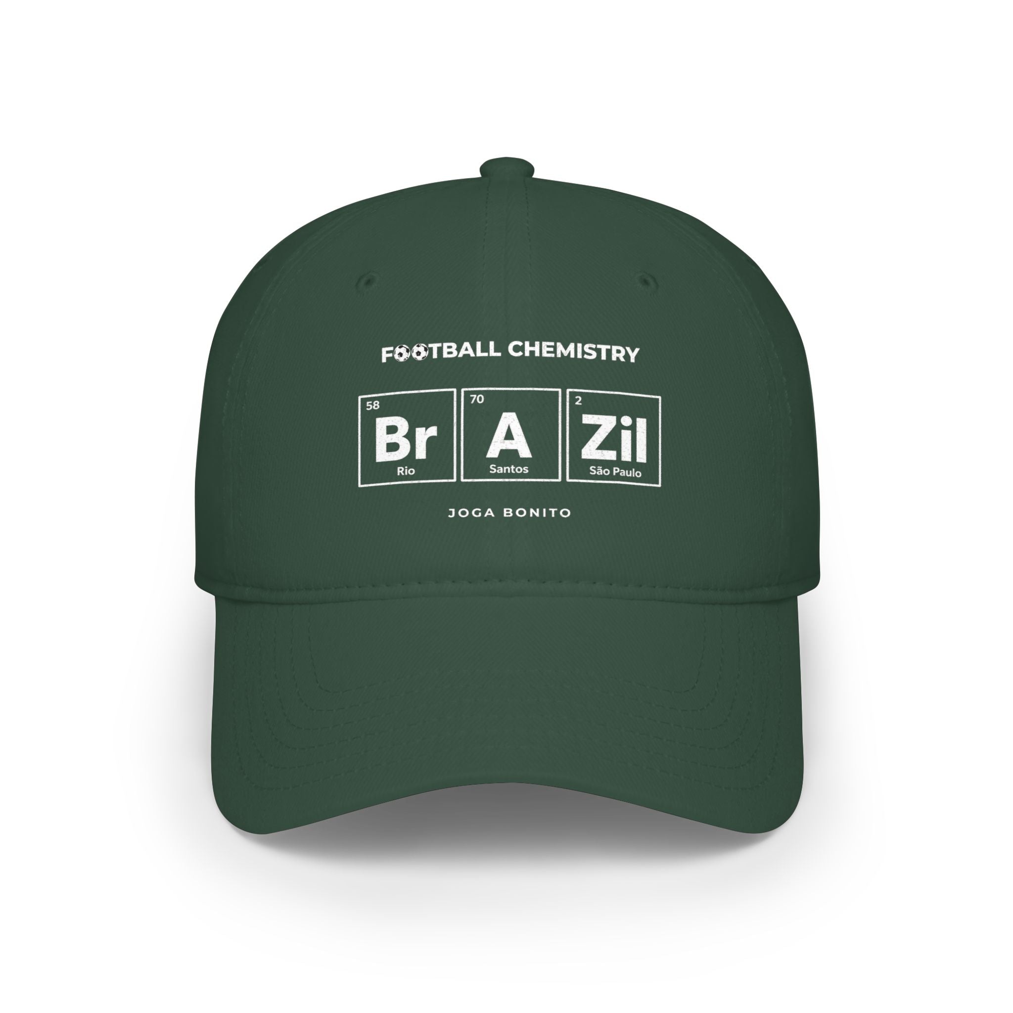 Dark green baseball cap with "Football Chemistry" and periodic table elements for Rio, Santos, São Paulo.