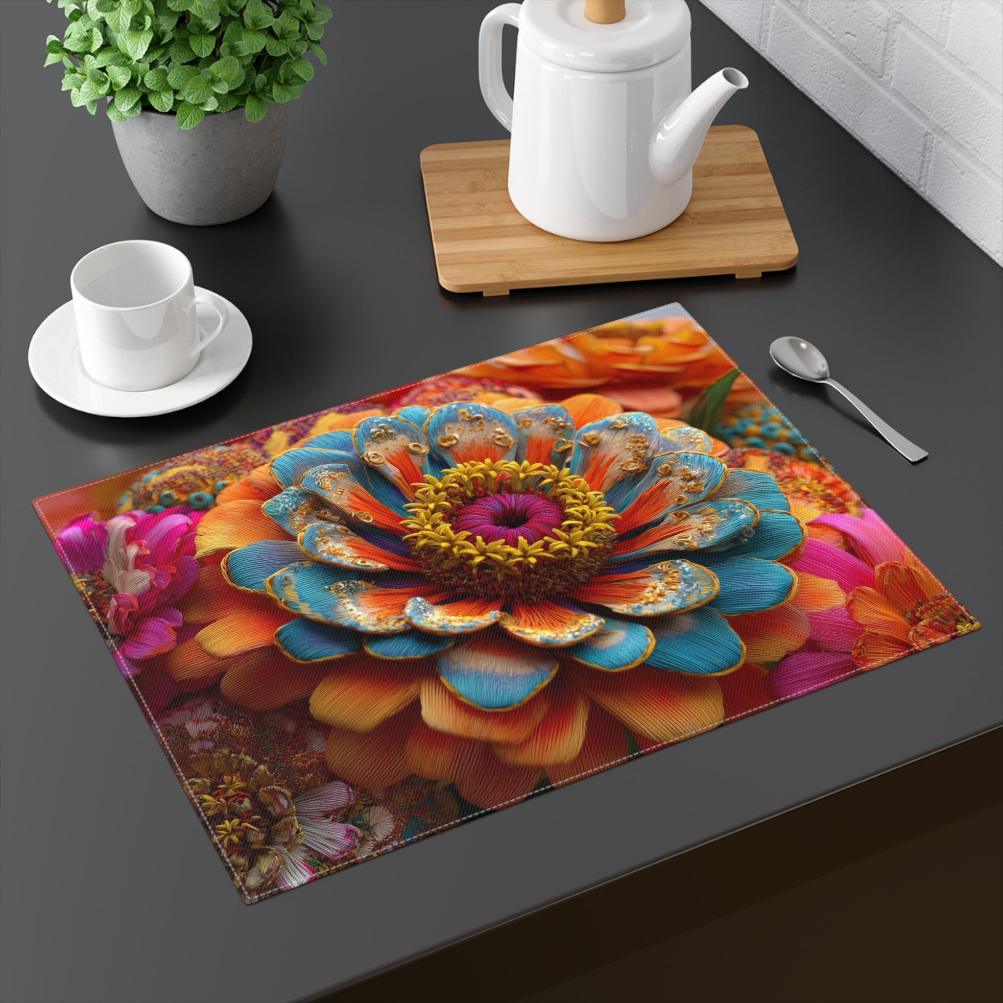 Zinnia Burst Placemats - 3D Embroidery-Style Botanical Placemats motivational design