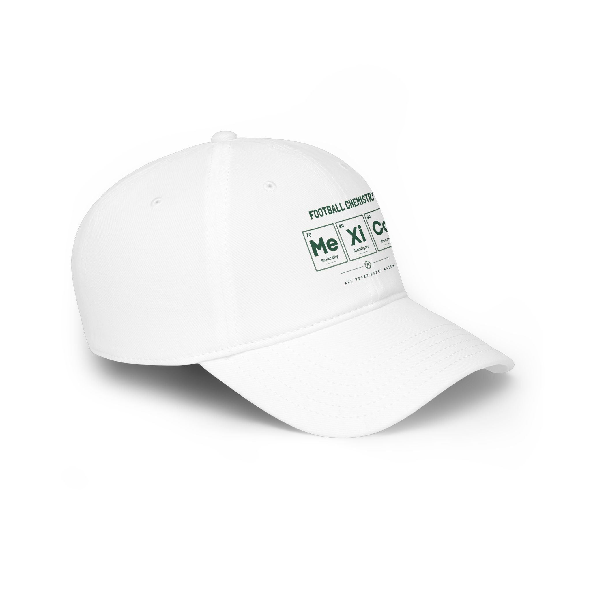 White baseball cap with "Football Chemistry" and Mexico City, Guadalajara, Monterrey text.