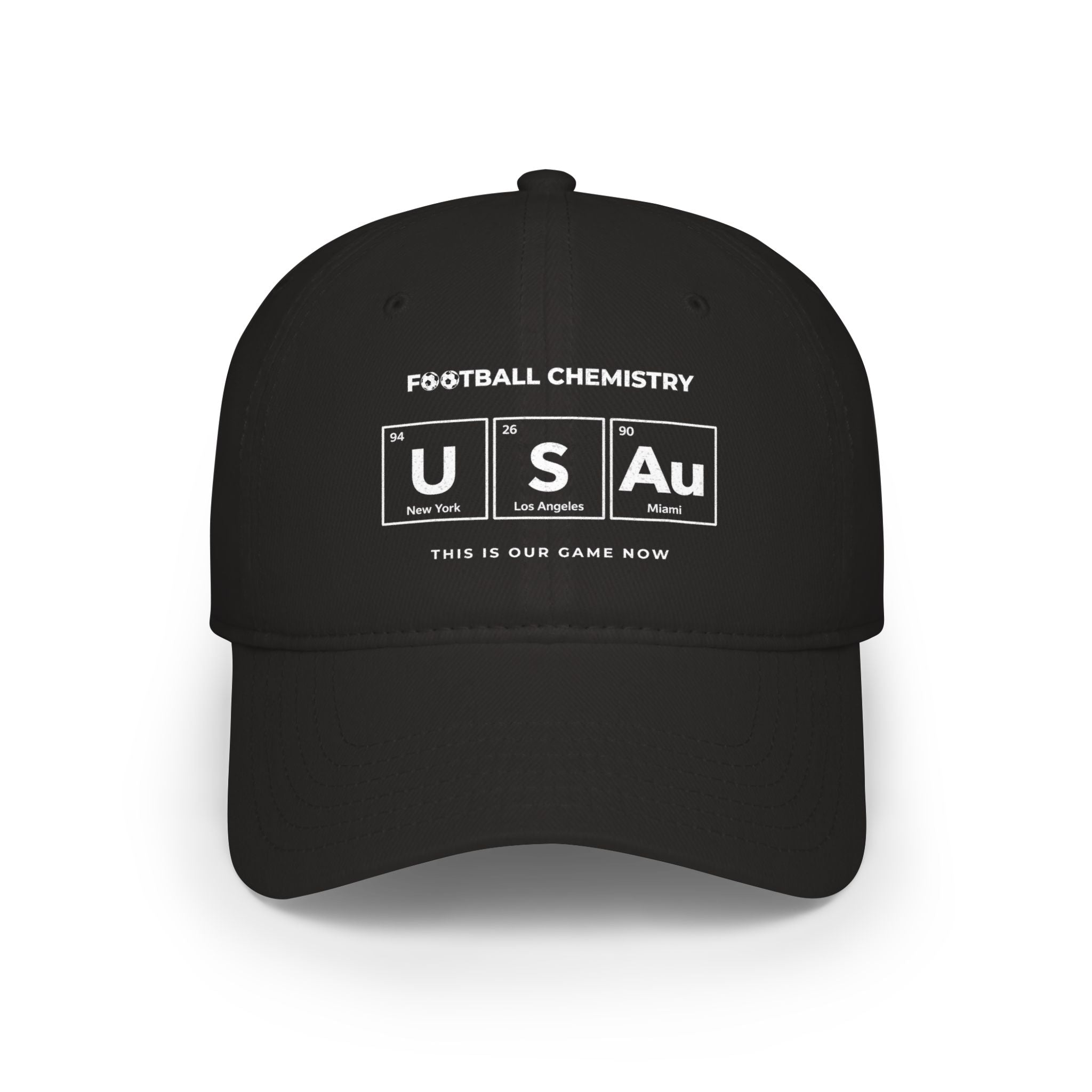 Black baseball cap with "FOOTBALL CHEMISTRY US Au" and city names.