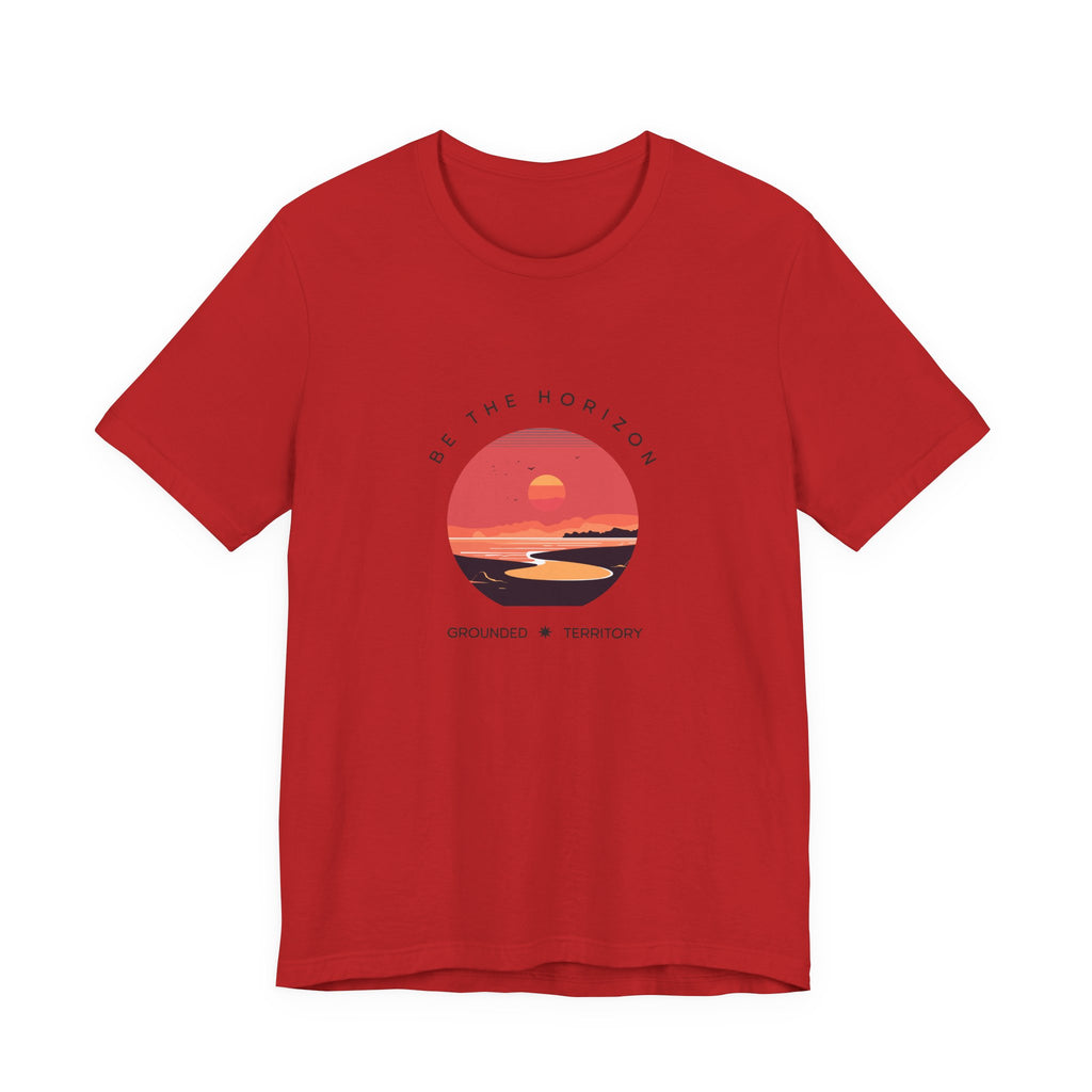 Be the horizon Line | Women's Motivational Graphic Circular Coral and Orange Sunset T-Shirt