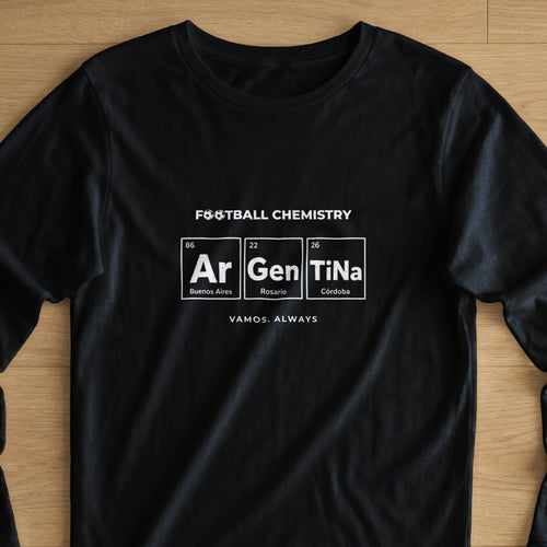 Black t-shirt with "FOOTBALL CHEMISTRY" and periodic table elements for Argentina.