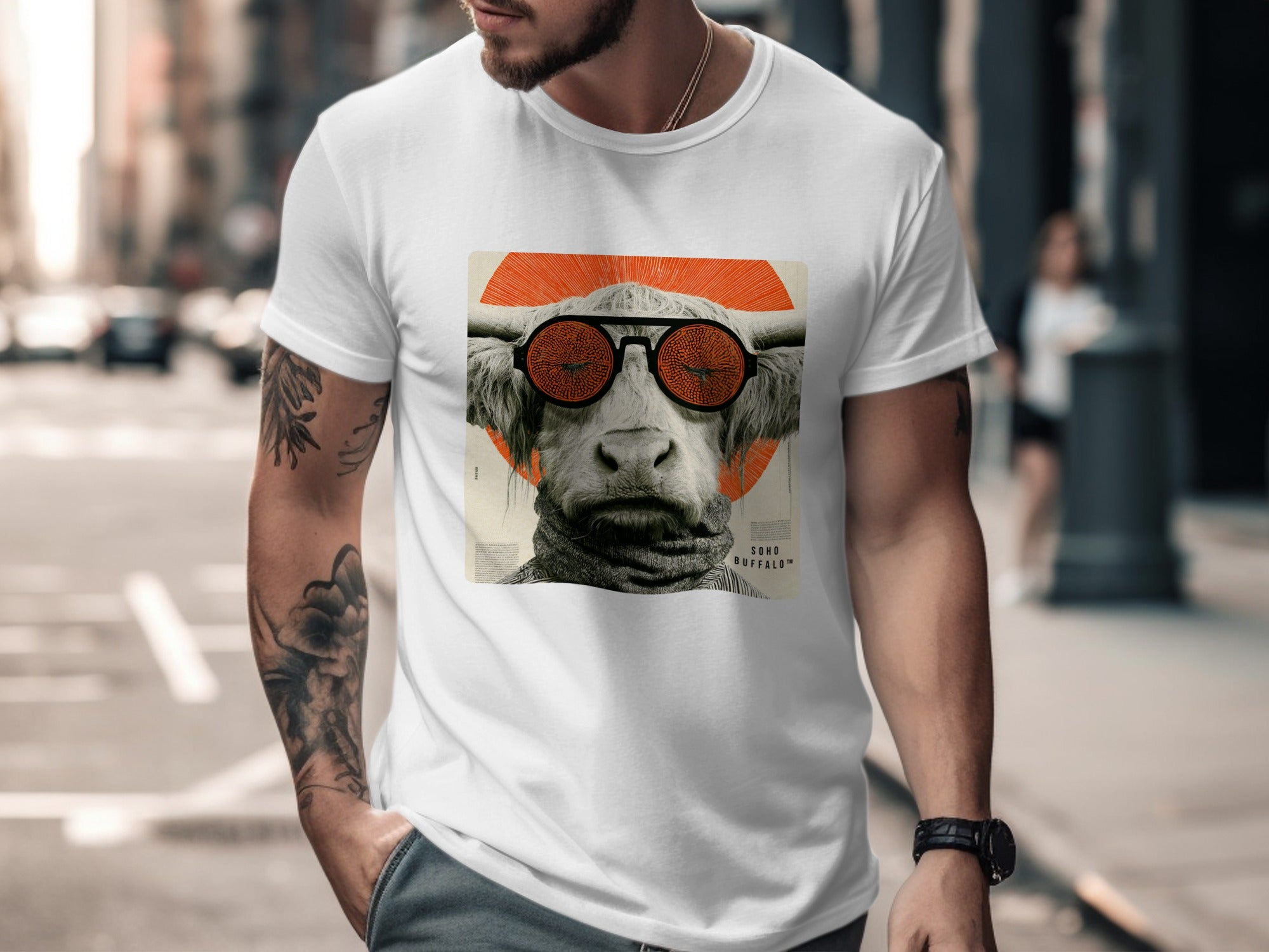 T-shirt with graphic of bull wearing sunglasses and tribal pattern circle.