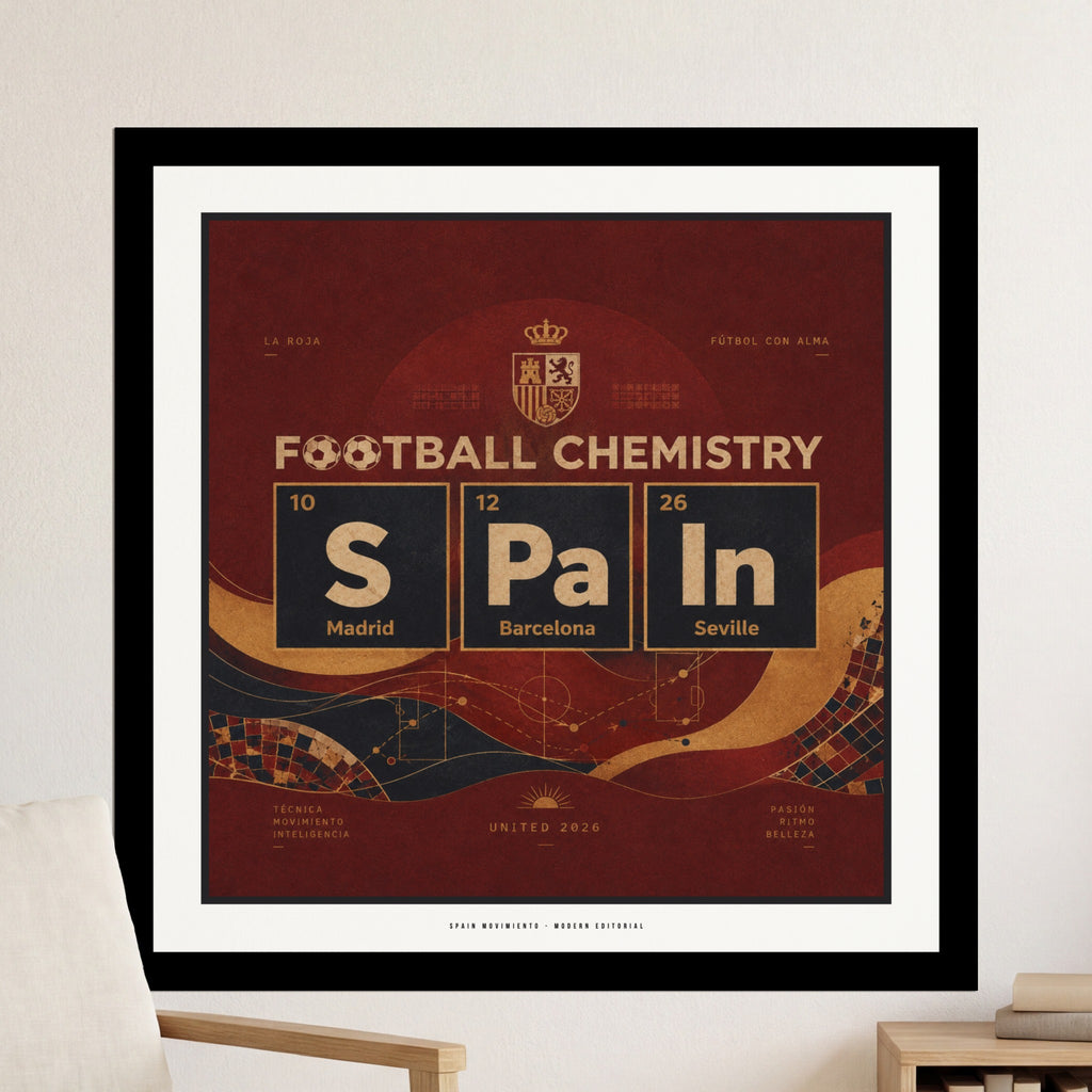 Football Chemistry poster with periodic table elements representing Spain, Madrid, Barcelona, and Seville.