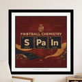 Football Chemistry poster with periodic table elements representing Spain, Madrid, Barcelona, and Seville.