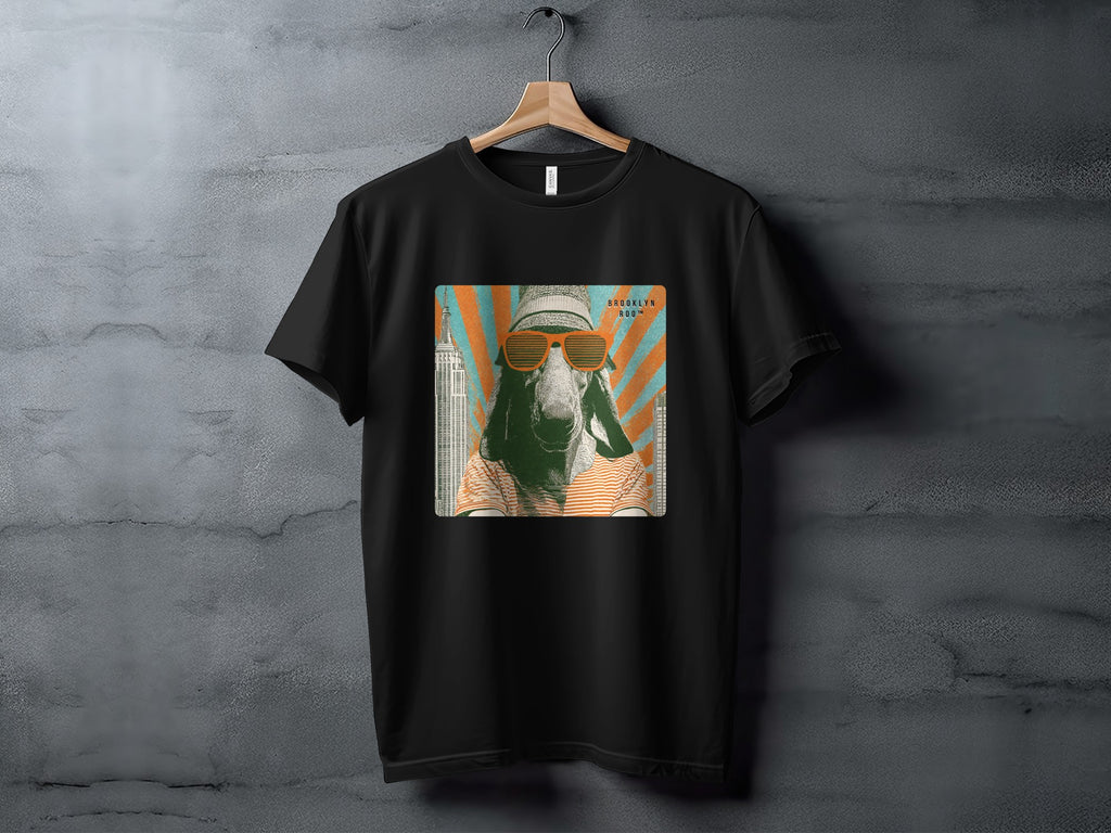 T-shirt with a goat wearing sunglasses and a hat, featuring "Brooklyn Zoo" text.