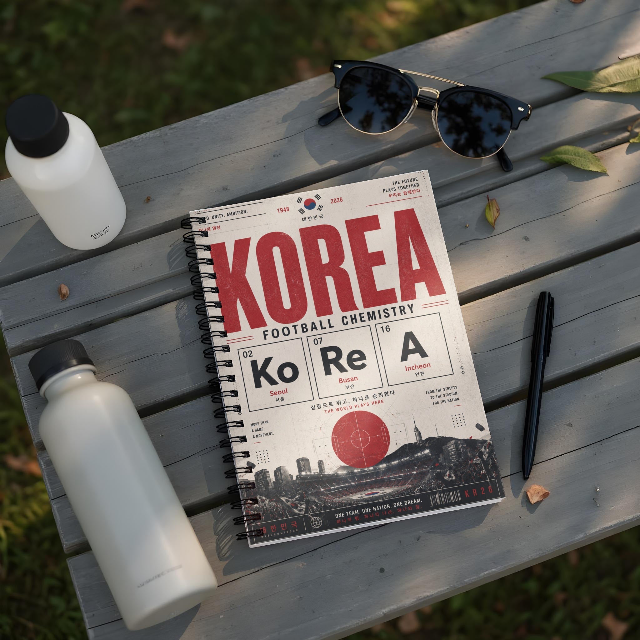 Notebook cover with "KOREA FOOTBALL CHEMISTRY" and city names.
