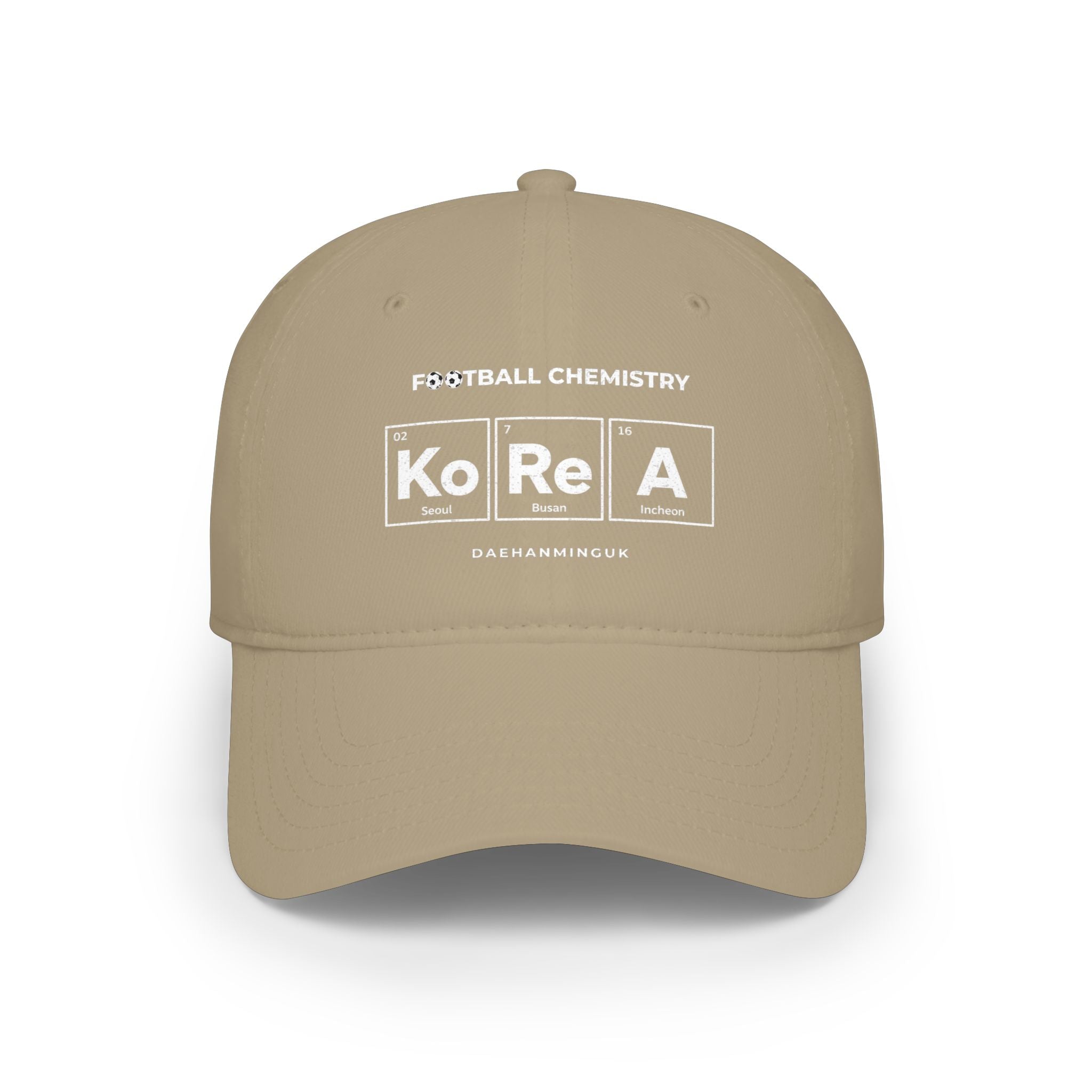 Baseball cap with "Football Chemistry KoReA" and city names on front.