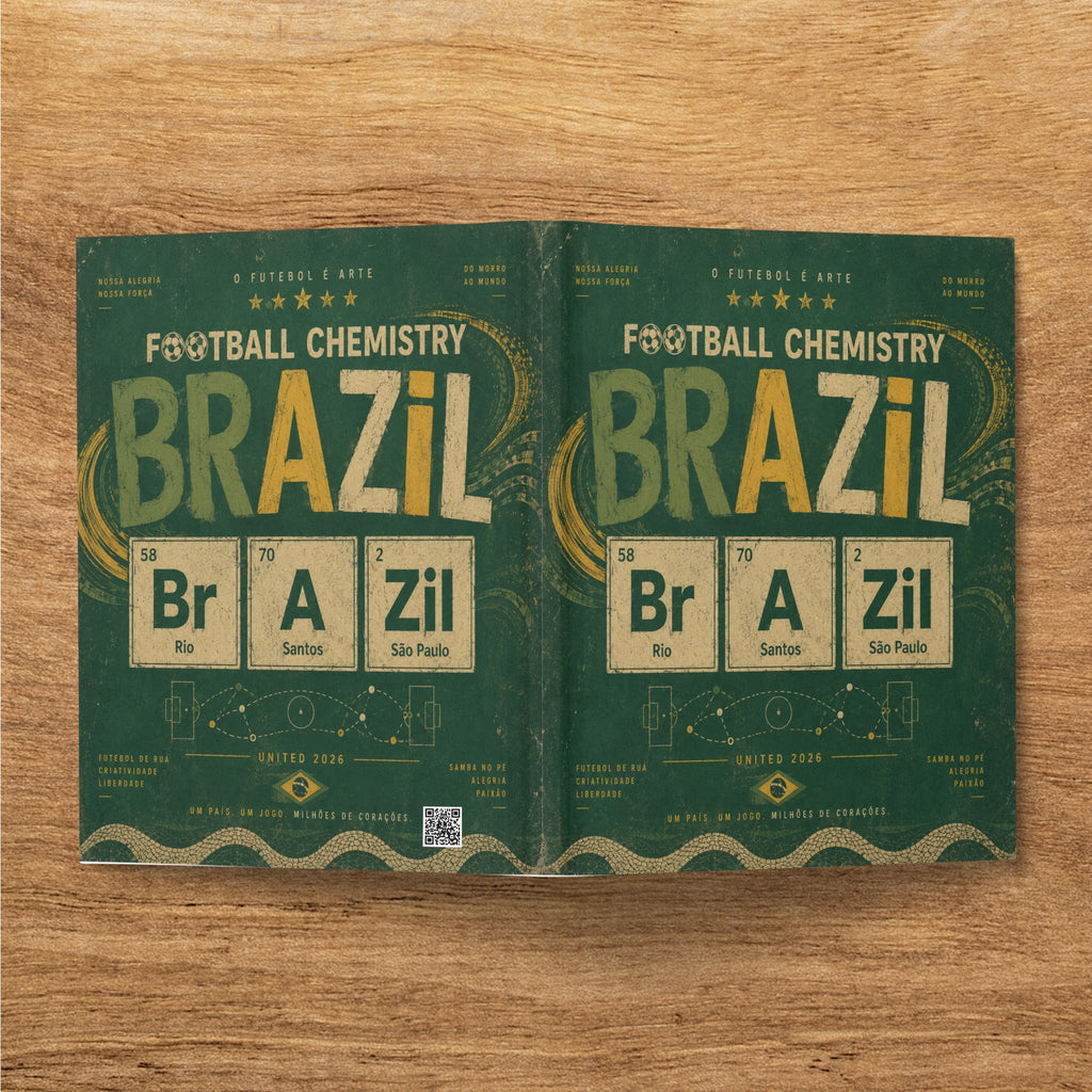 Football Chemistry Brazil design with chemical elements and city names.