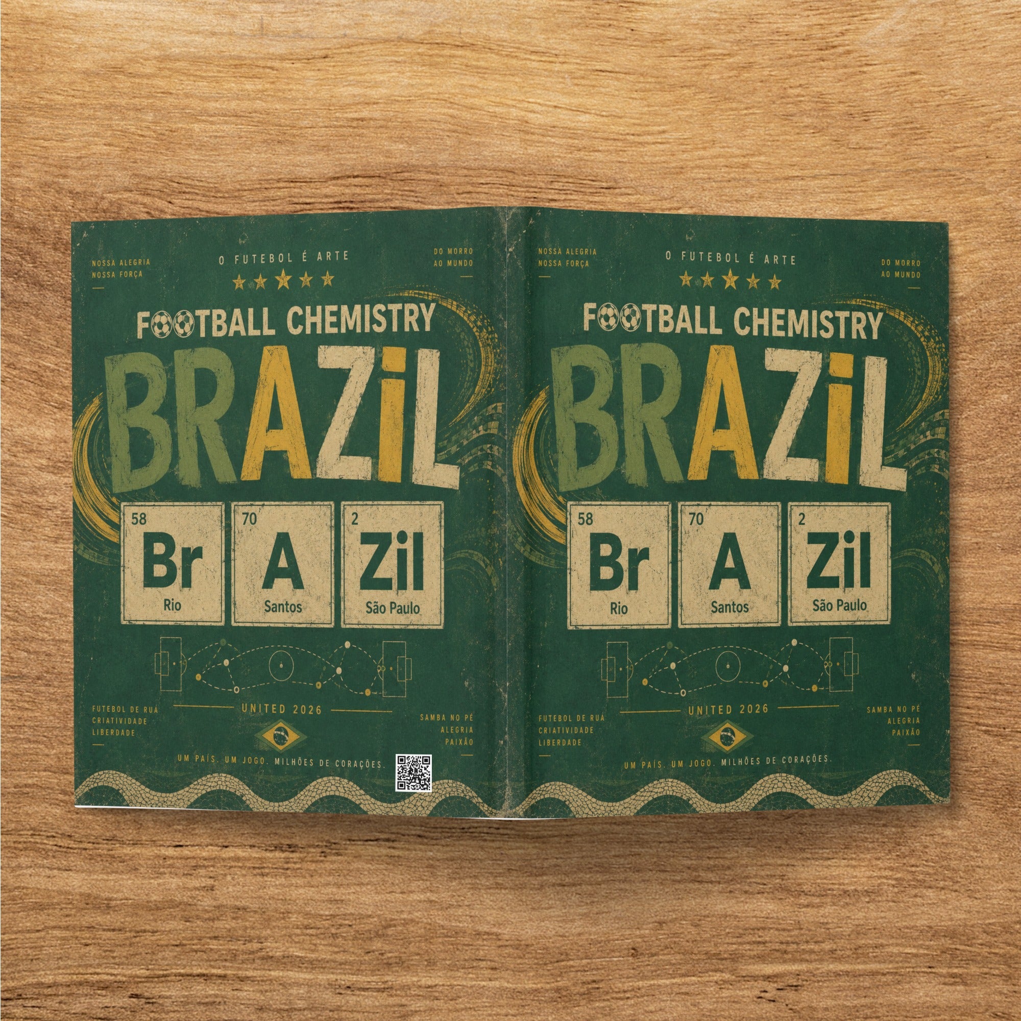 Football Chemistry Brazil design with chemical elements and city names.