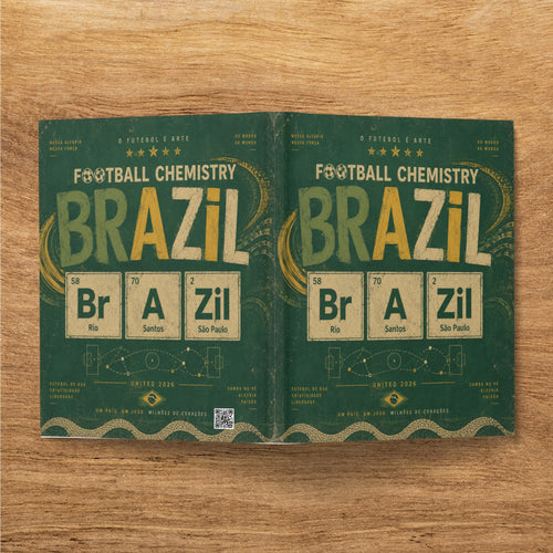 Football Chemistry Brazil design with chemical elements and city names.