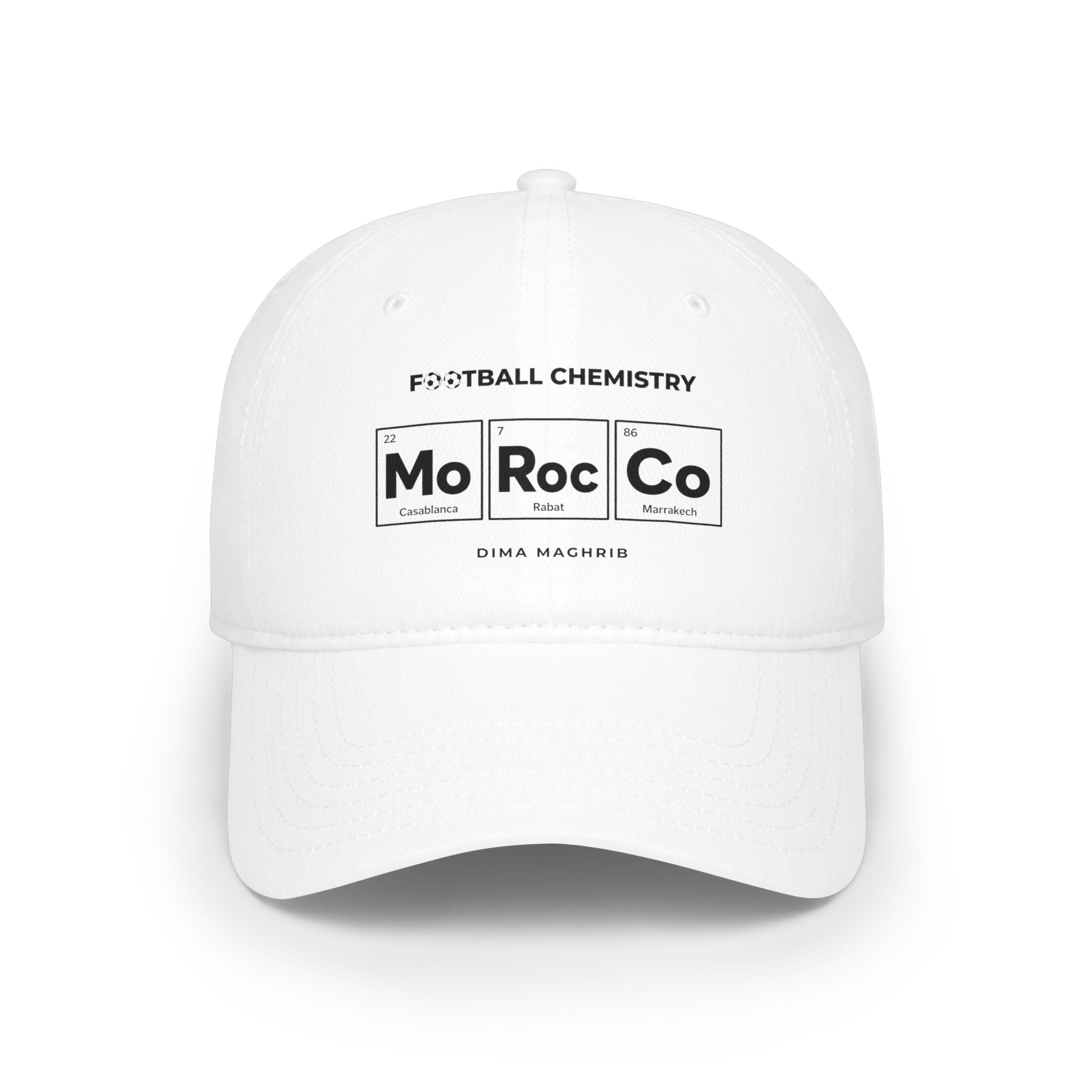 White baseball cap with "Football Chemistry" and "Mo Roc Co" logo.